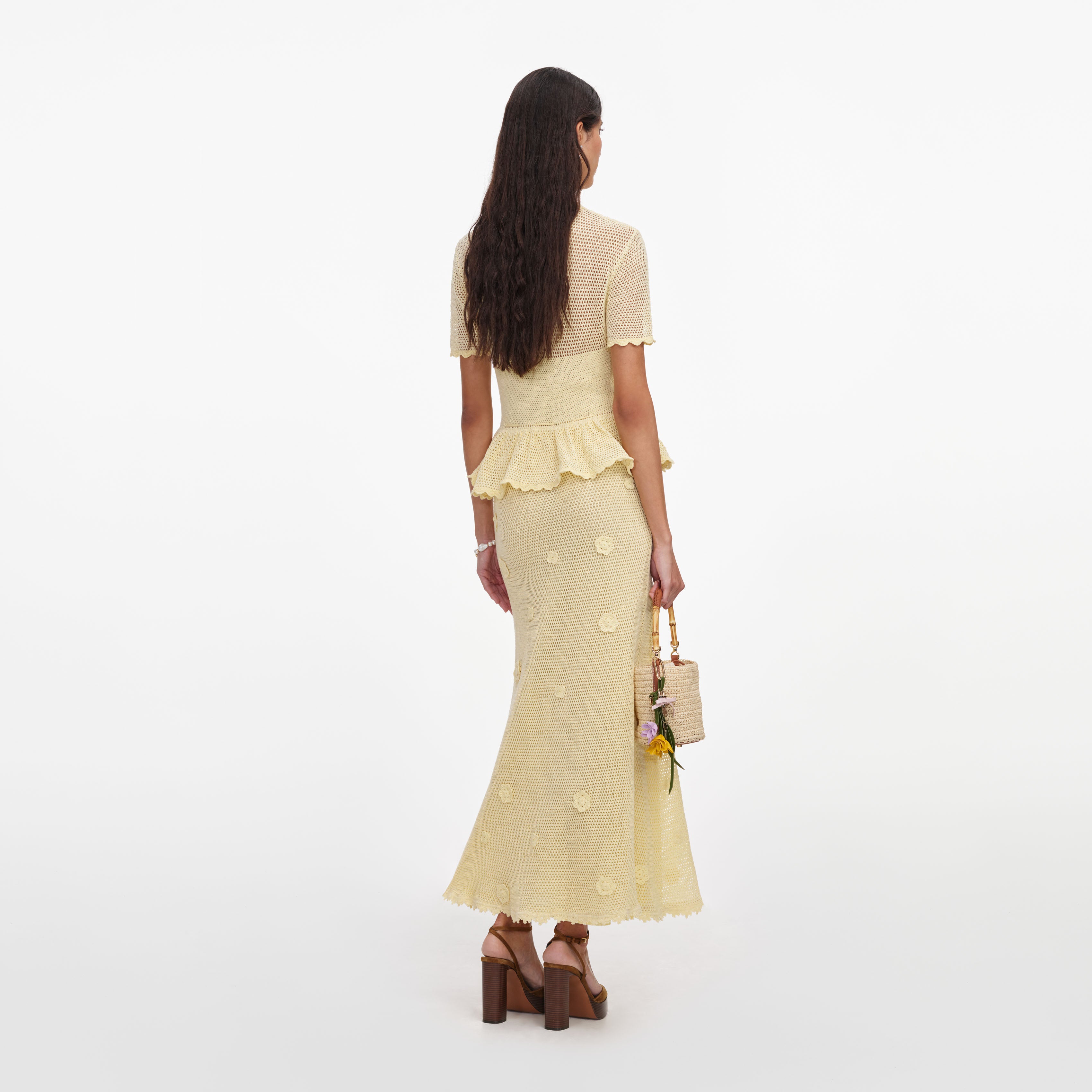 Self Portrait Yellow Floral Crochet Midi Kleid Gelb S Baumwolle