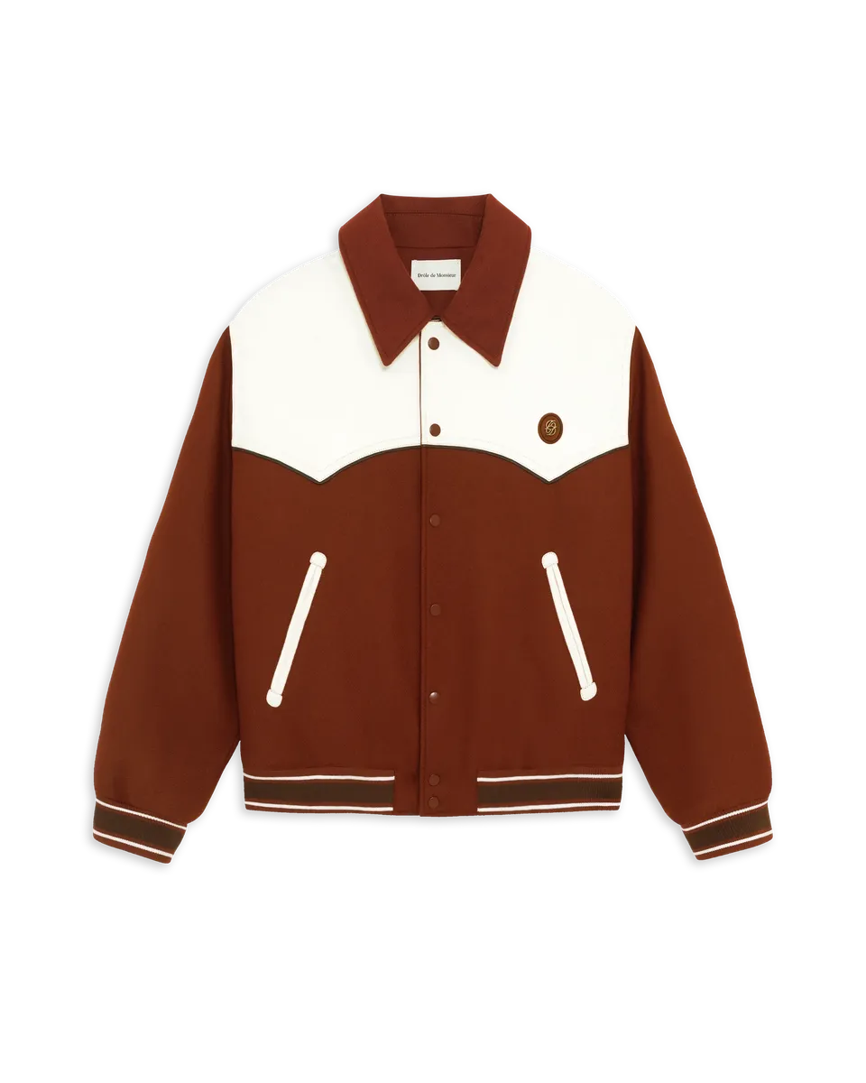 Drôle De Monsieur Leather Apply Bomber Jacke Rot Wolle Leder
