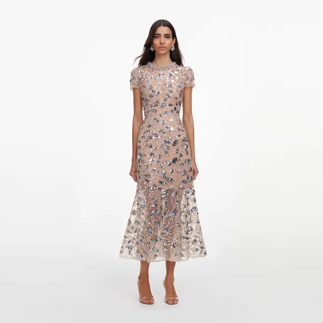 Self Portrait Silver Sequin Midi Kleid Silber UK 8 Pailletten