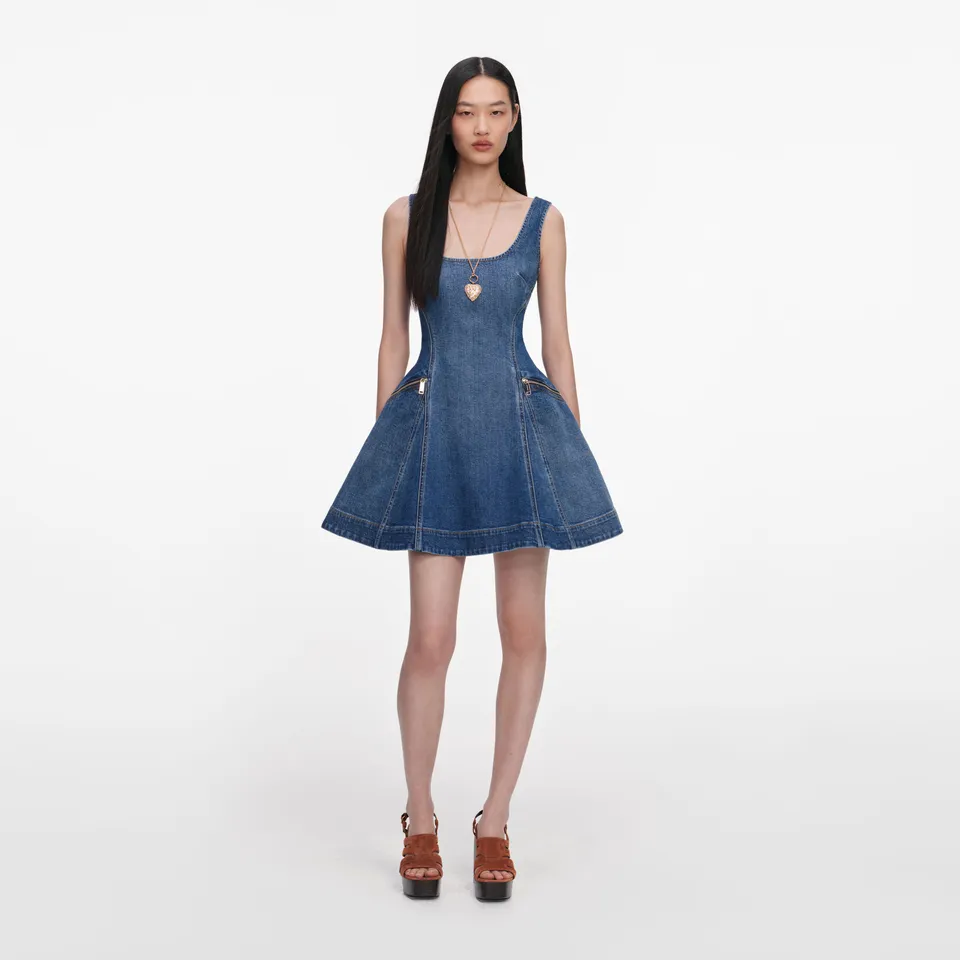 Self Portrait Denim Flared Minikleid Blau UK 8 Stretch
