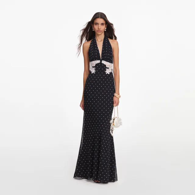 Self Portrait Polka Dot Halter Maxi Kleid schwarz rückenfrei