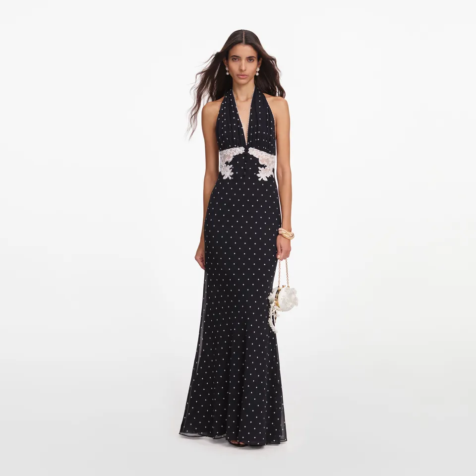 Self Portrait Polka Dot Halter Maxi Kleid schwarz rückenfrei