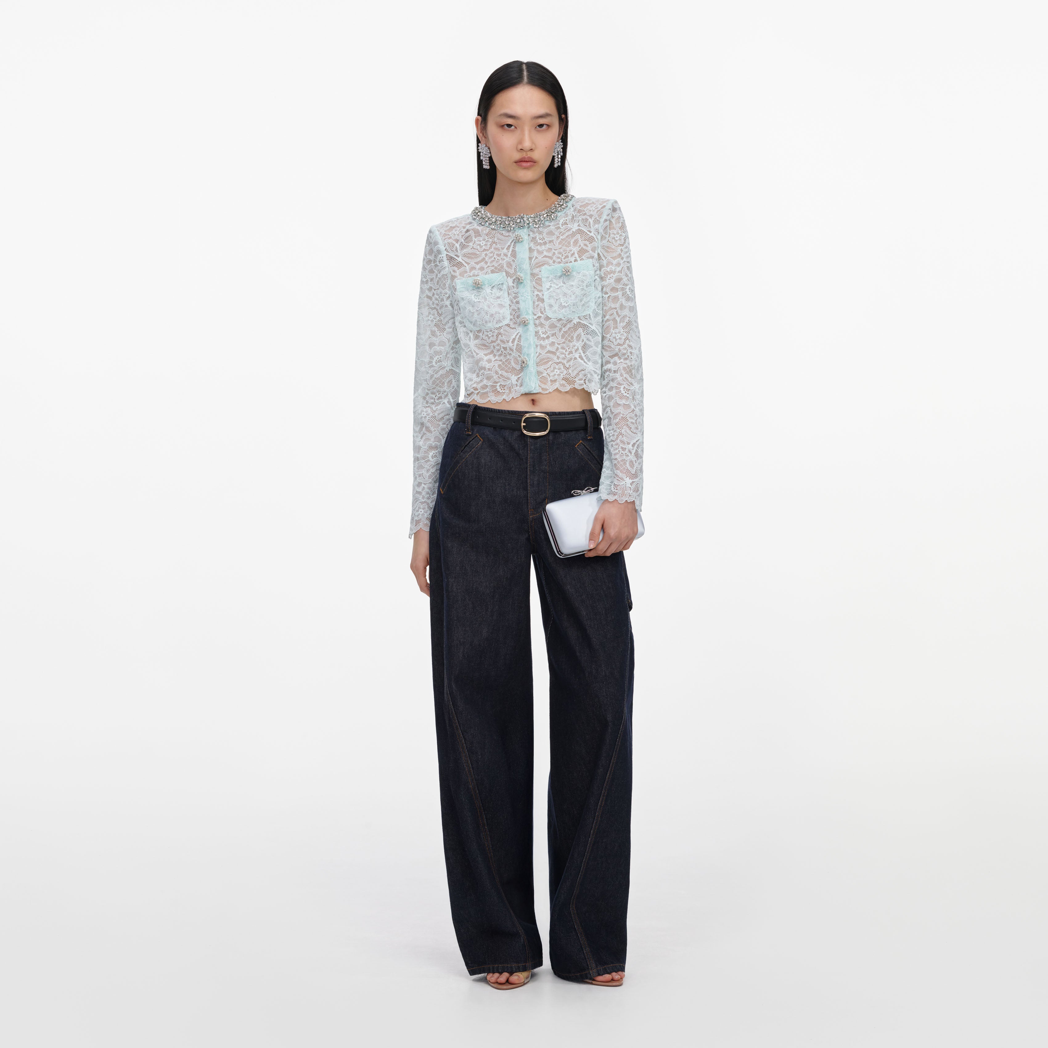 Self Portrait Mint Lace Crystal Jacke Spitze Mint mit Strass