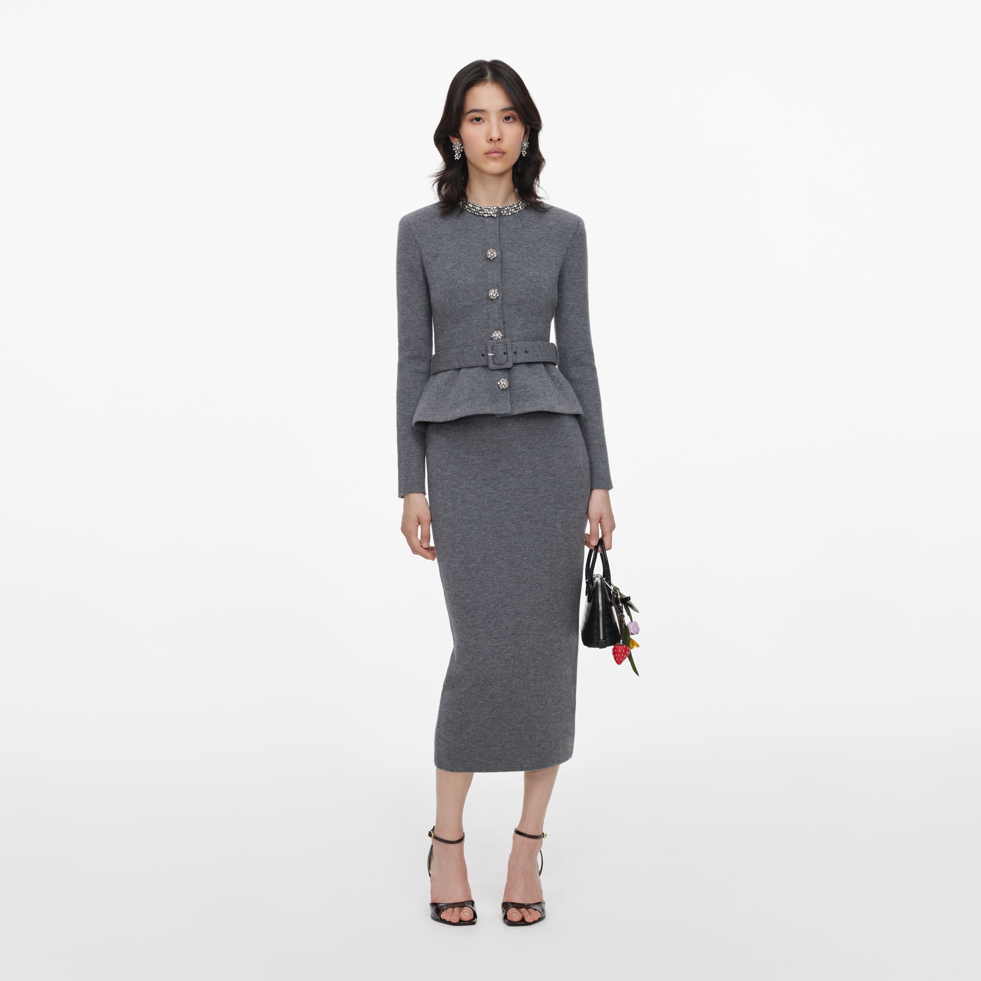 Self Portrait Grey Crystal Trim Midi Kleid Grau Strick Kristall