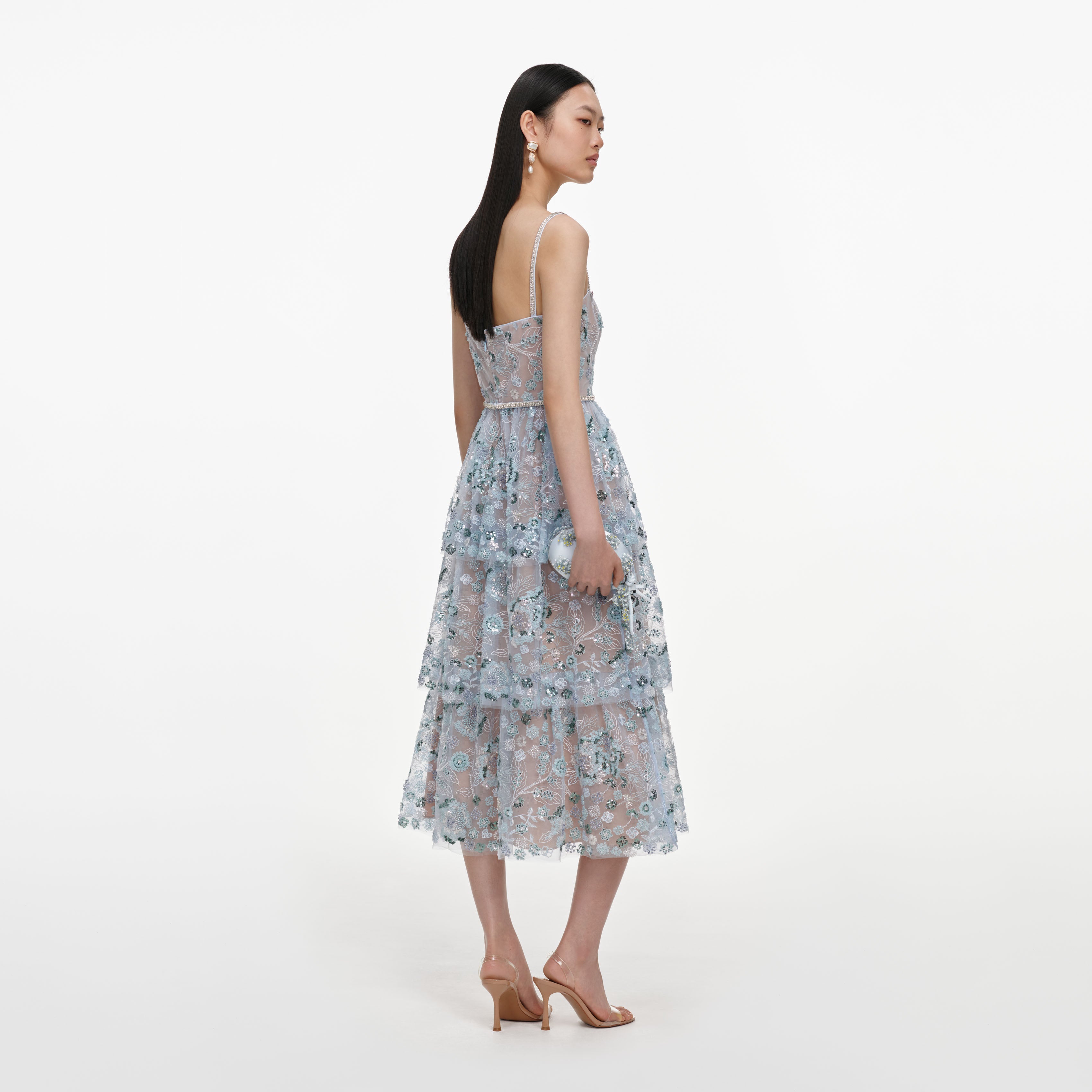 Self Portrait Dresses Blue Sequin Tiered Midi Kleid Blau UK 10