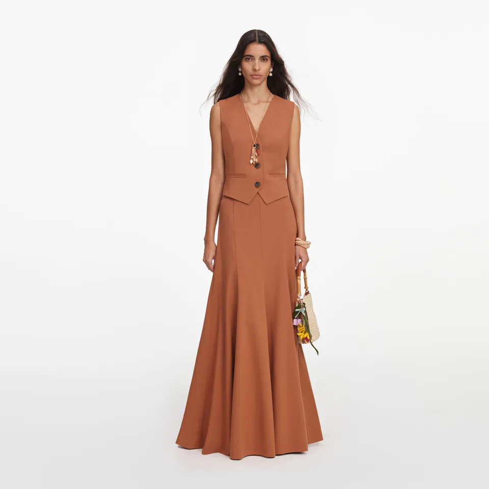 Self Portrait Brown Twill Maxi Kleid Braun Ärmellos