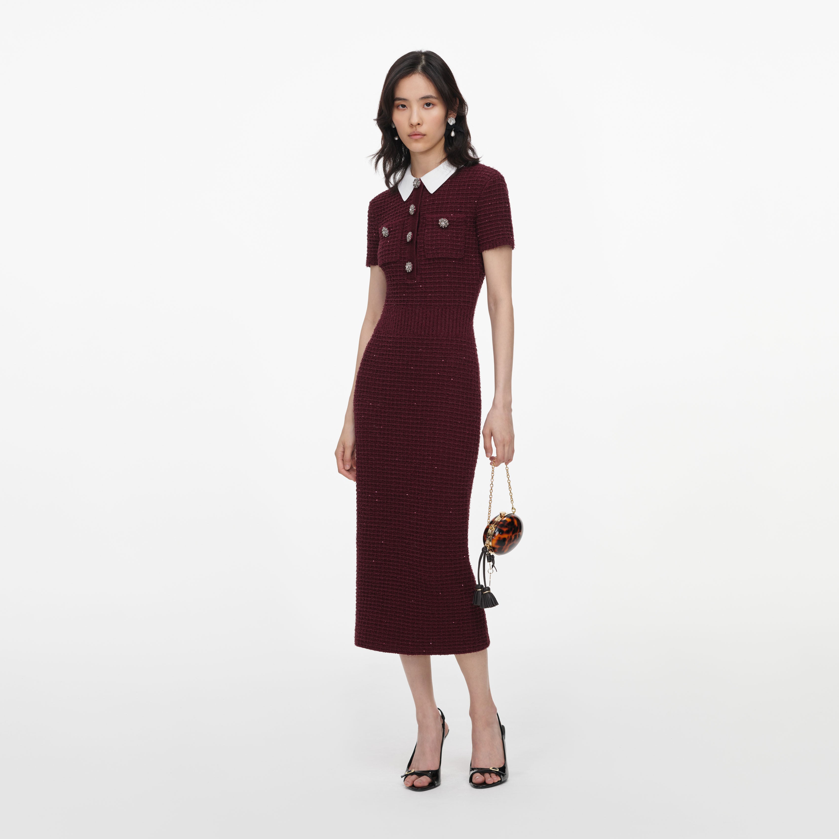Self Portrait Burgundy Textured Midikleid Bordeaux Waffelstrick