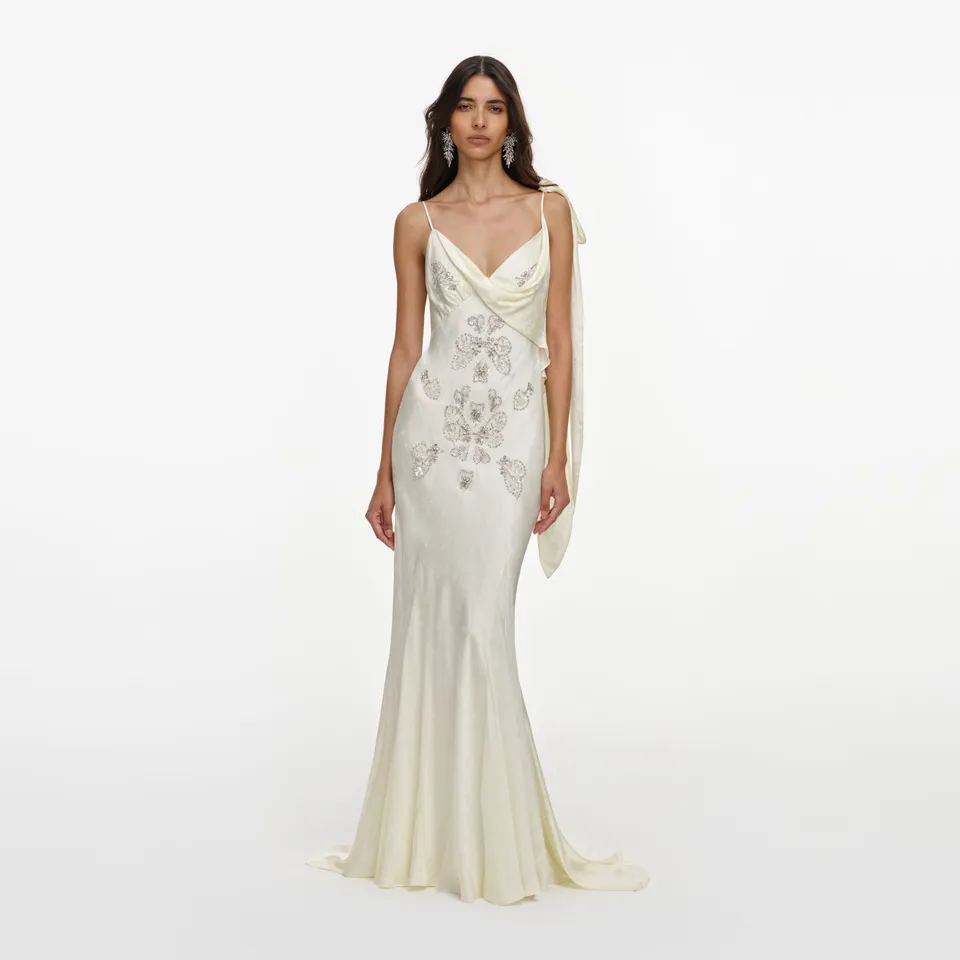 Self Portrait Cream Embellished Floral Maxikleid Creme Satin
