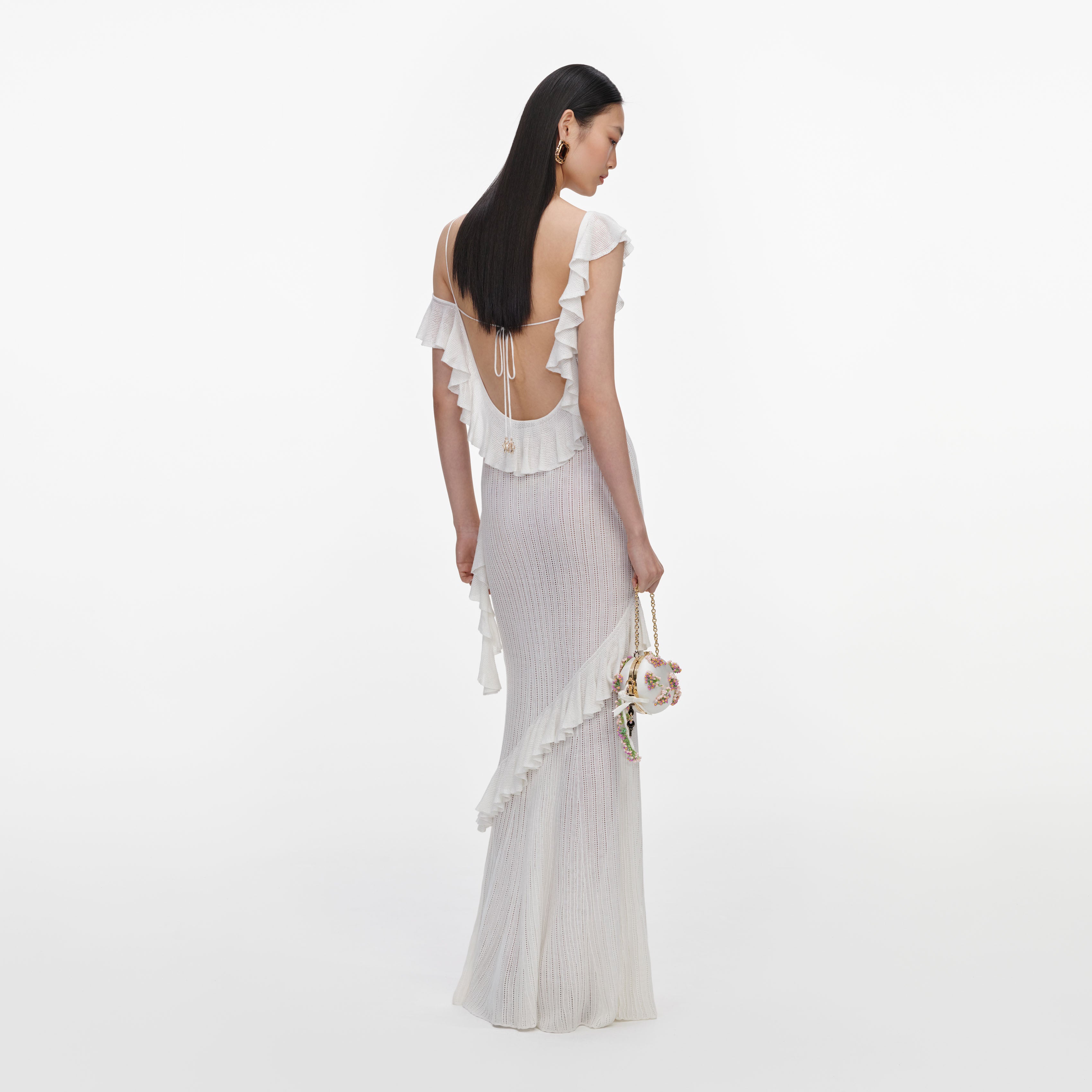 Self Portrait White Ruffle Knit Maxi Kleid Weiß