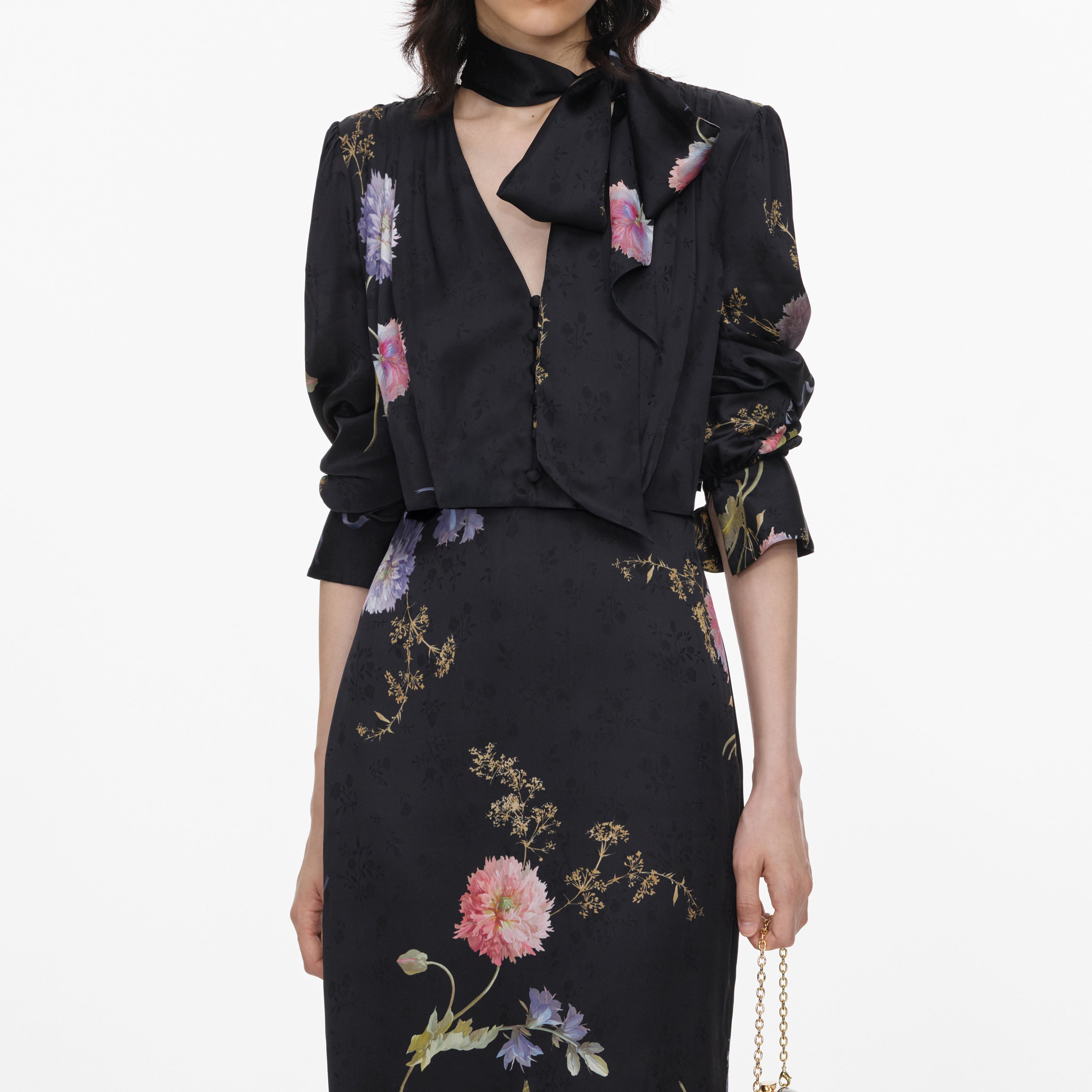 Self Portrait Black Satin Floral Midi Kleid Schwarz Blumen