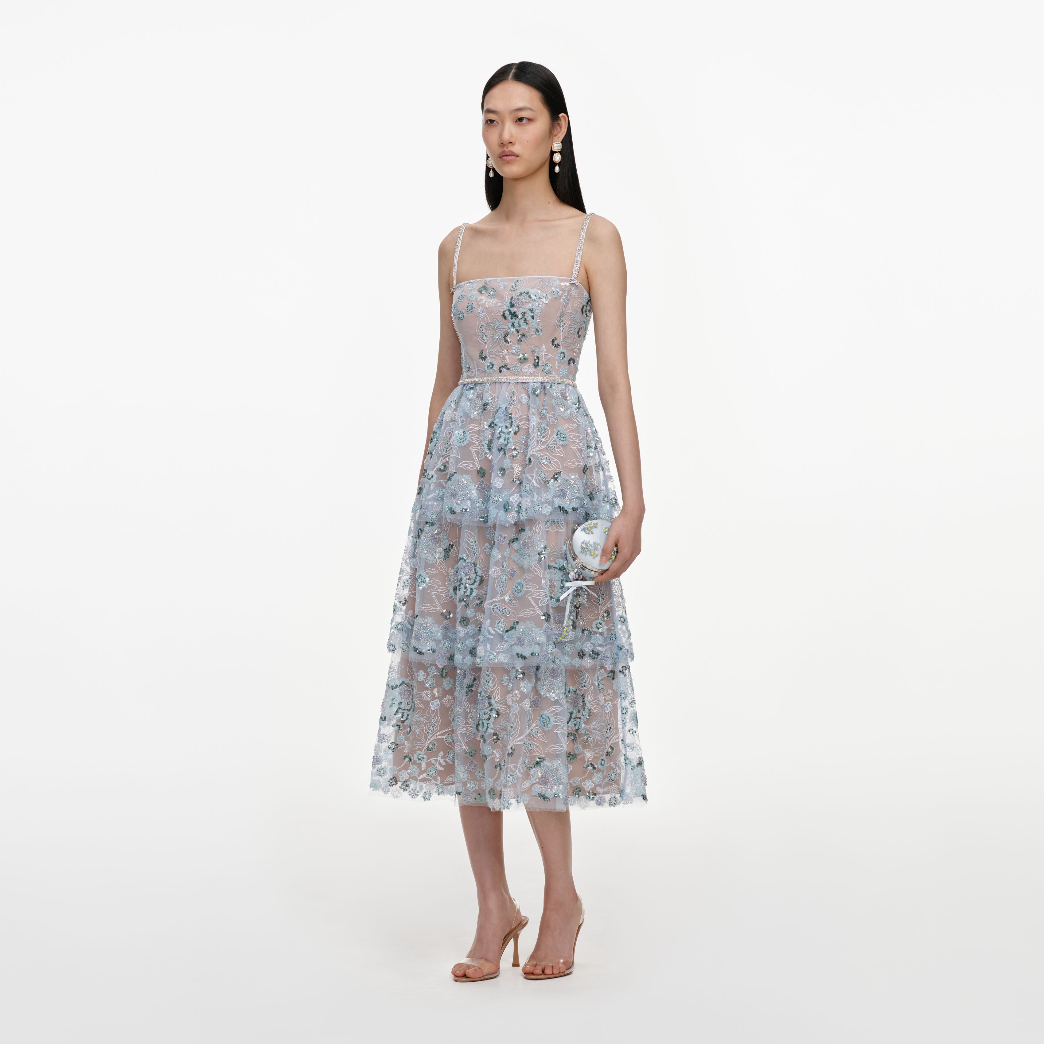 Self Portrait Dresses Blue Sequin Tiered Midi Kleid Blau UK 10