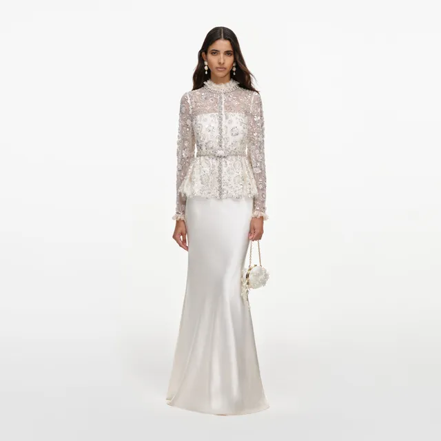 Self Portrait Dresses Sequin Satin Maxikleid Creme Pailletten