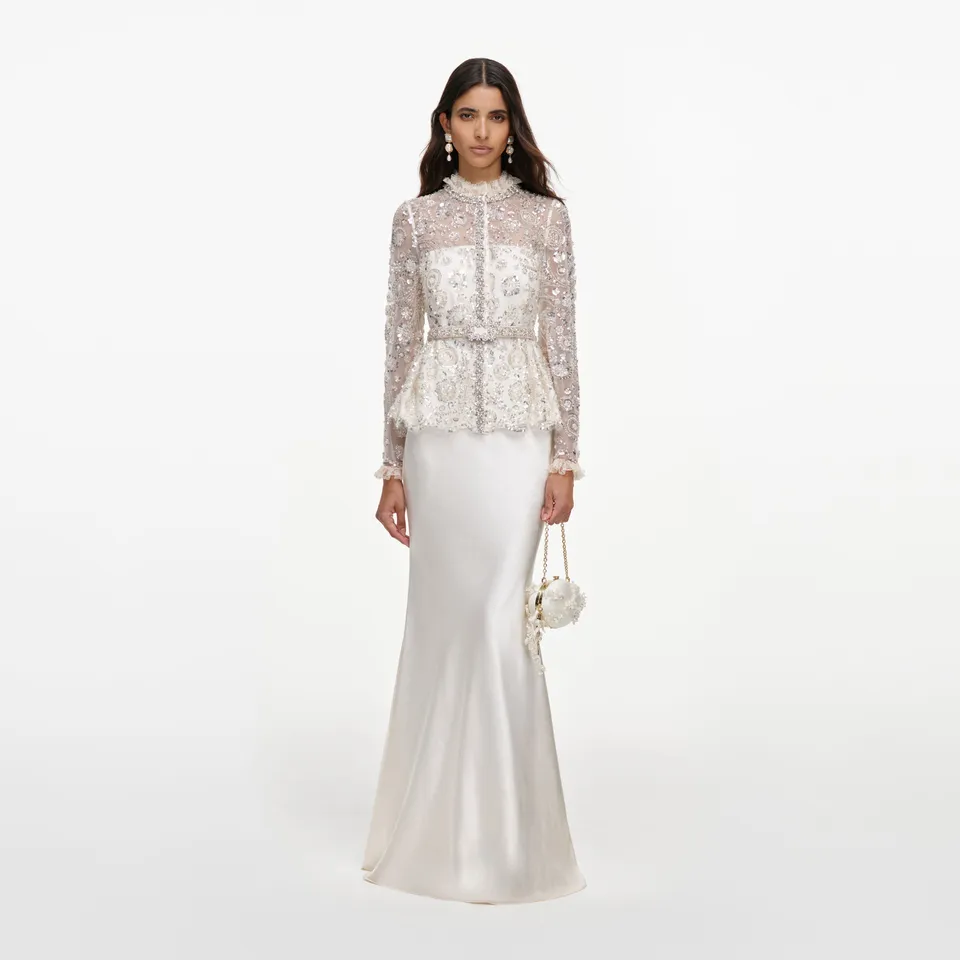 Self Portrait Dresses Sequin Satin Maxikleid Creme Pailletten