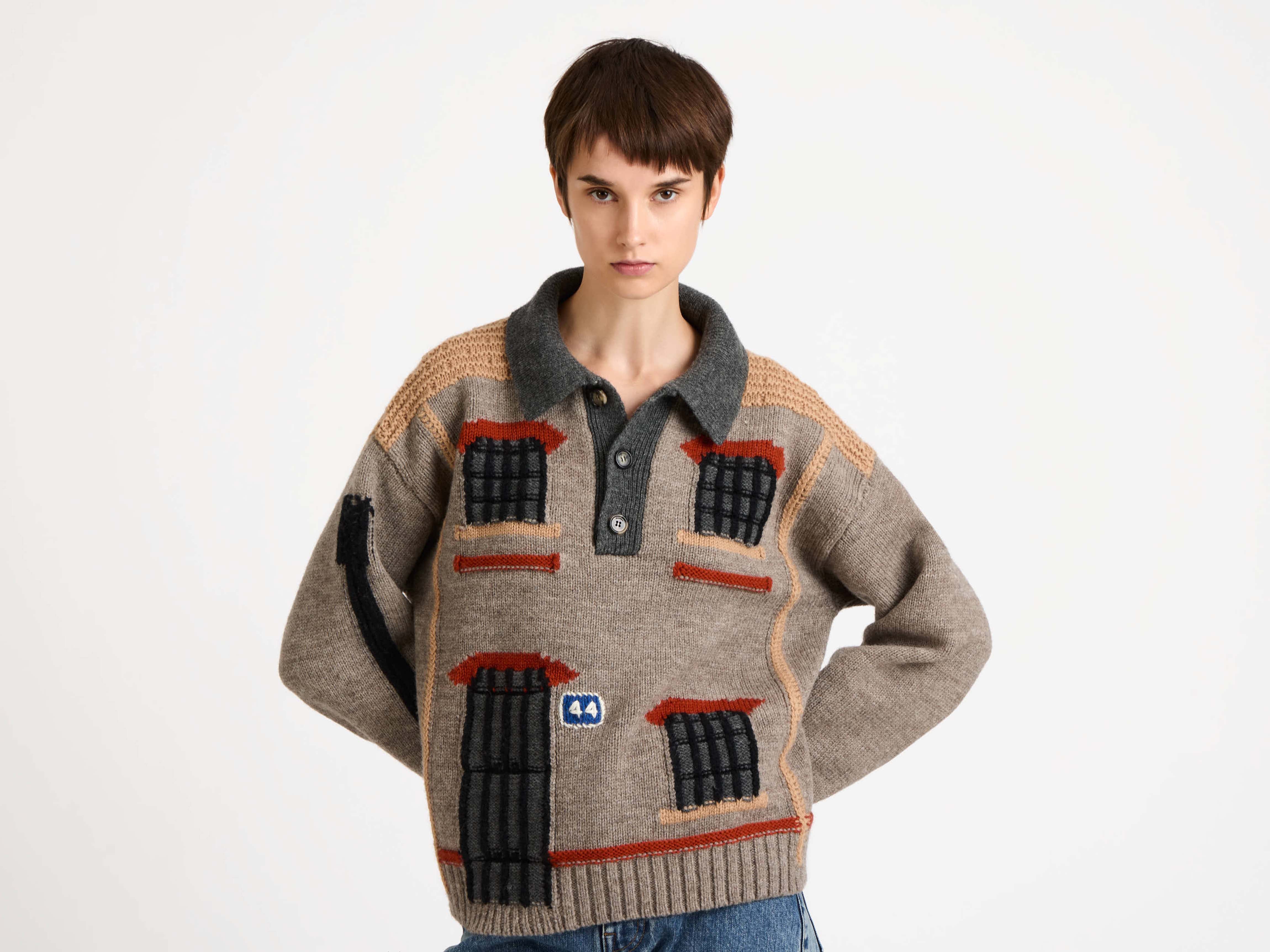 J.W.Anderson House Polo Pullover Beige Melange Jacquard