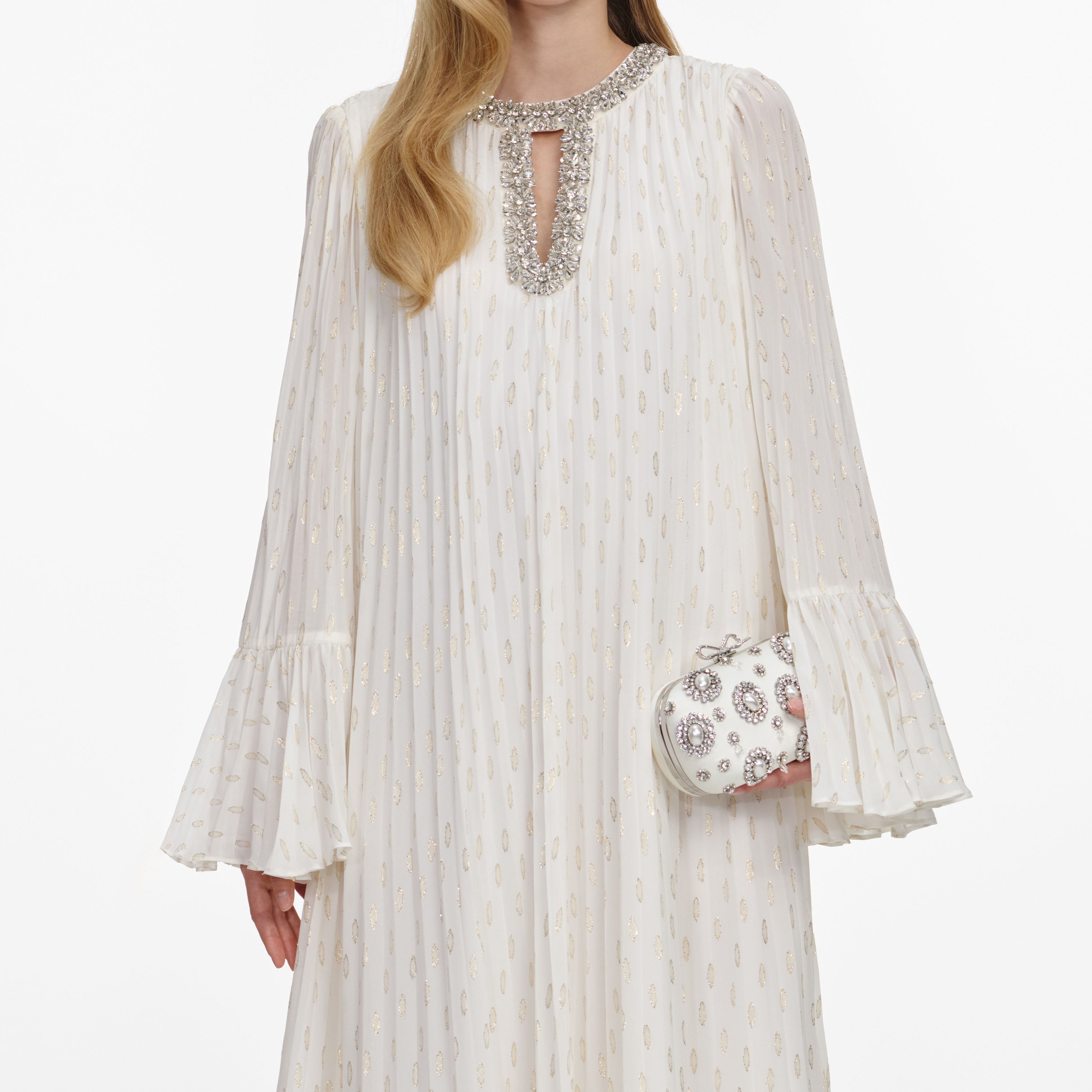 Self Portrait Cream and Gold Chiffon Maxikleid Creme