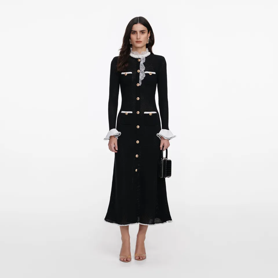 Self Portrait Black Lace Trim Knit Midi Dress Strickkleid schwarz