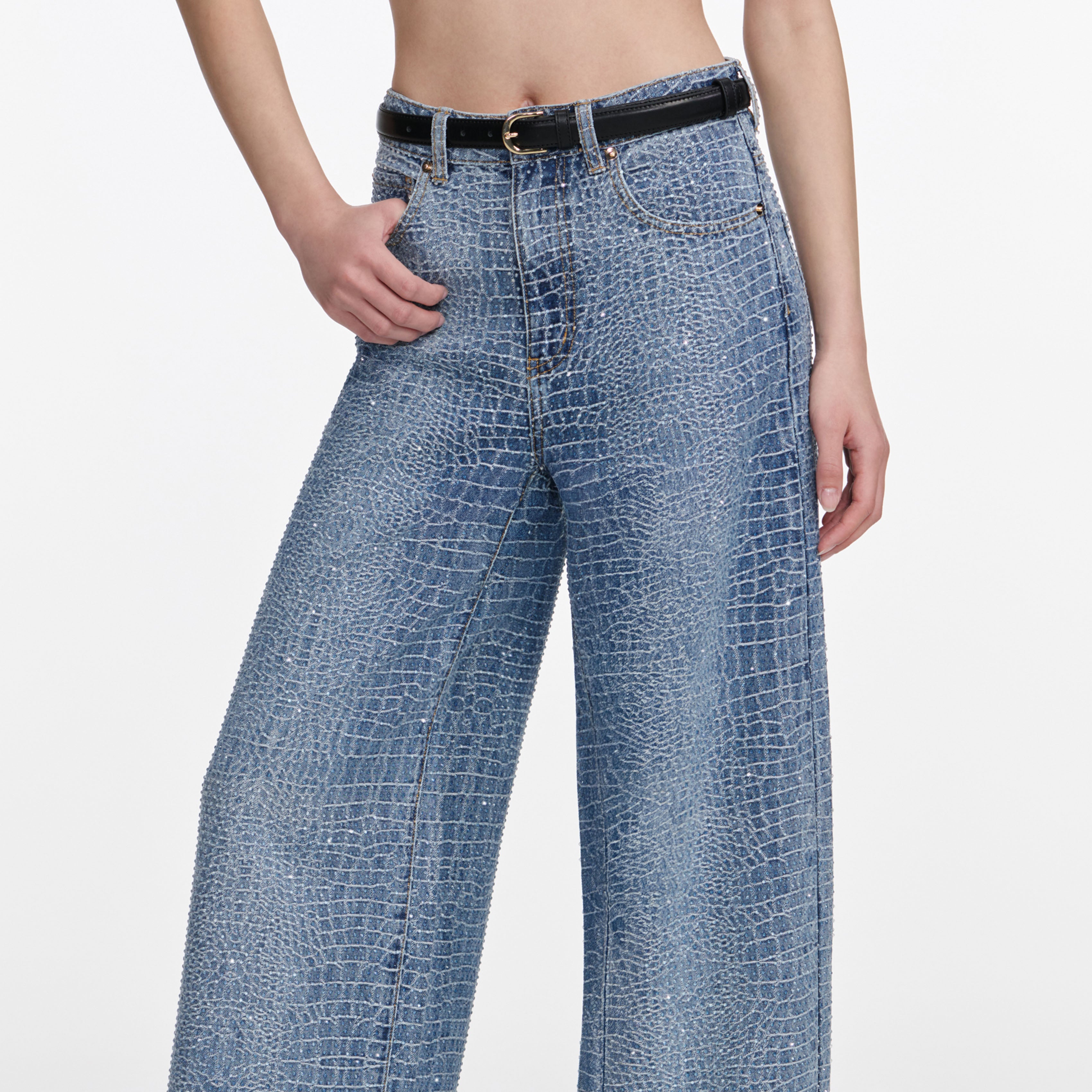Self Portrait Rhinestone Croc Wide Leg Jeans Blau High Waist
