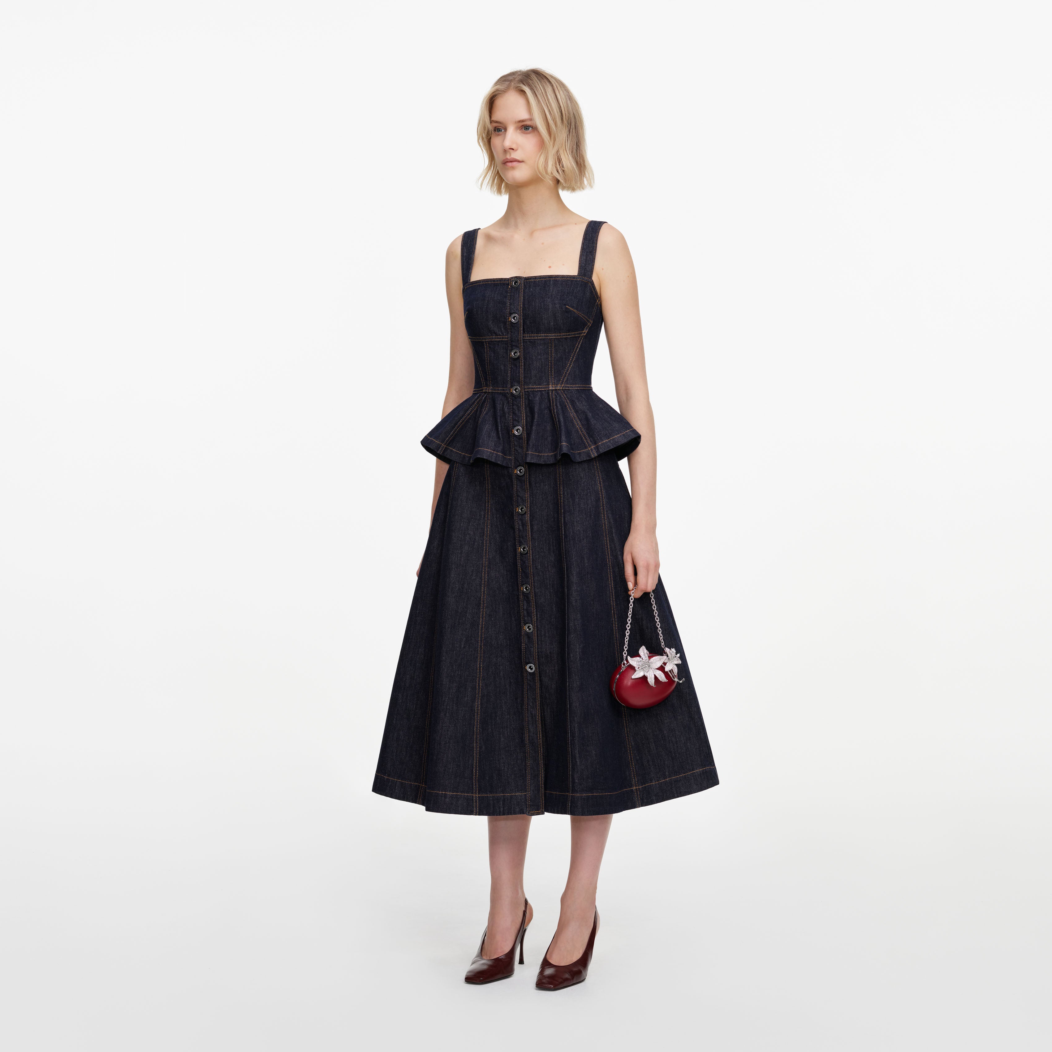 Self Portrait Indigo Peplum Denim Midikleid blau