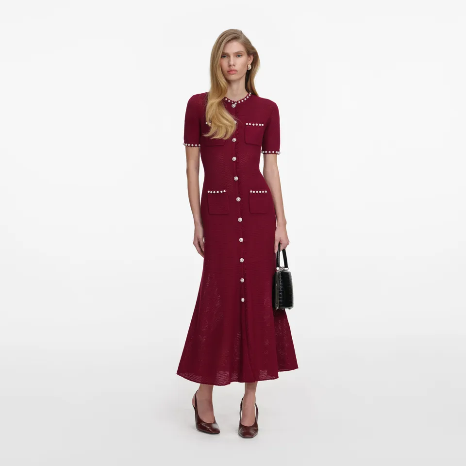 Self Portrait Burgundy Pearl Knit Midi Kleid Bordeaux