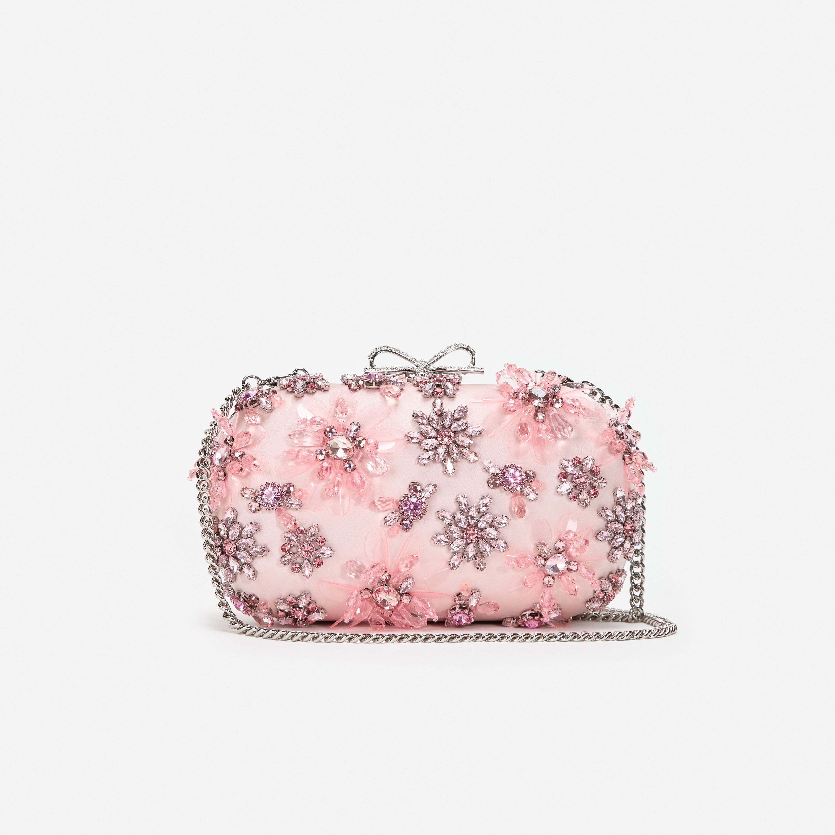 Self Portrait Pink Satin Floral Crystal Clutch Rosa