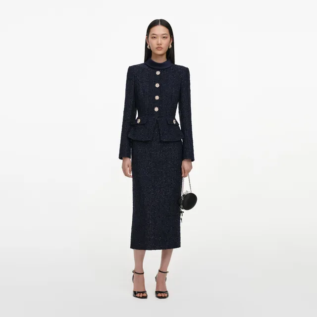 Self Portrait Navy Boucle Tailored Midi Kleid Navy Boucle