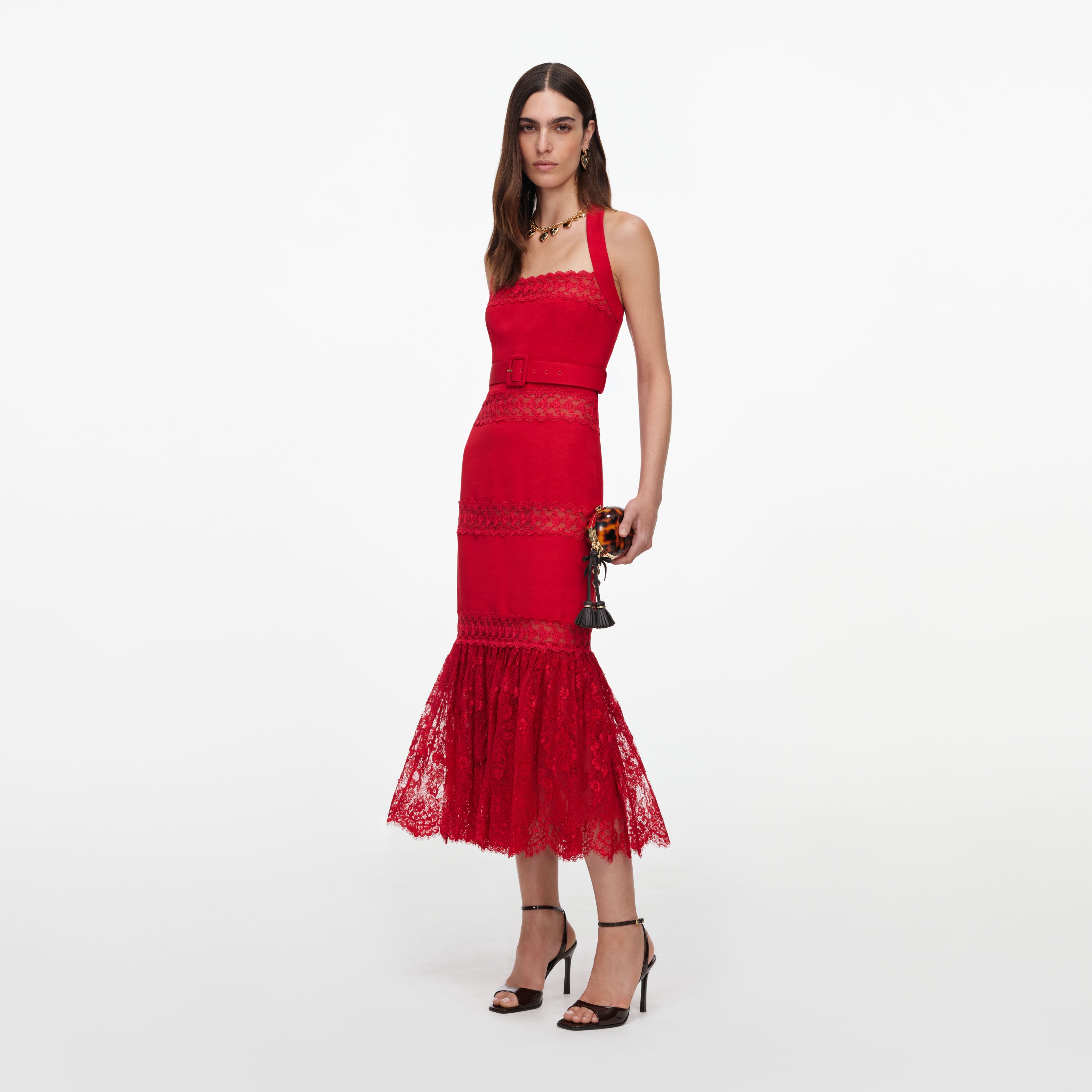 Self-Portrait Dresses Midikleid Rot Leinen Spitze Neckholder