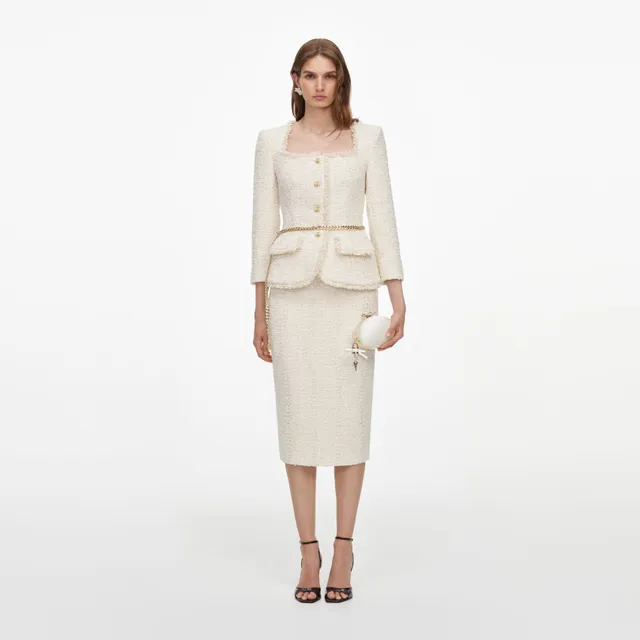 Self Portrait Dresses Cream Boucle Midikleid Creme mit Kette