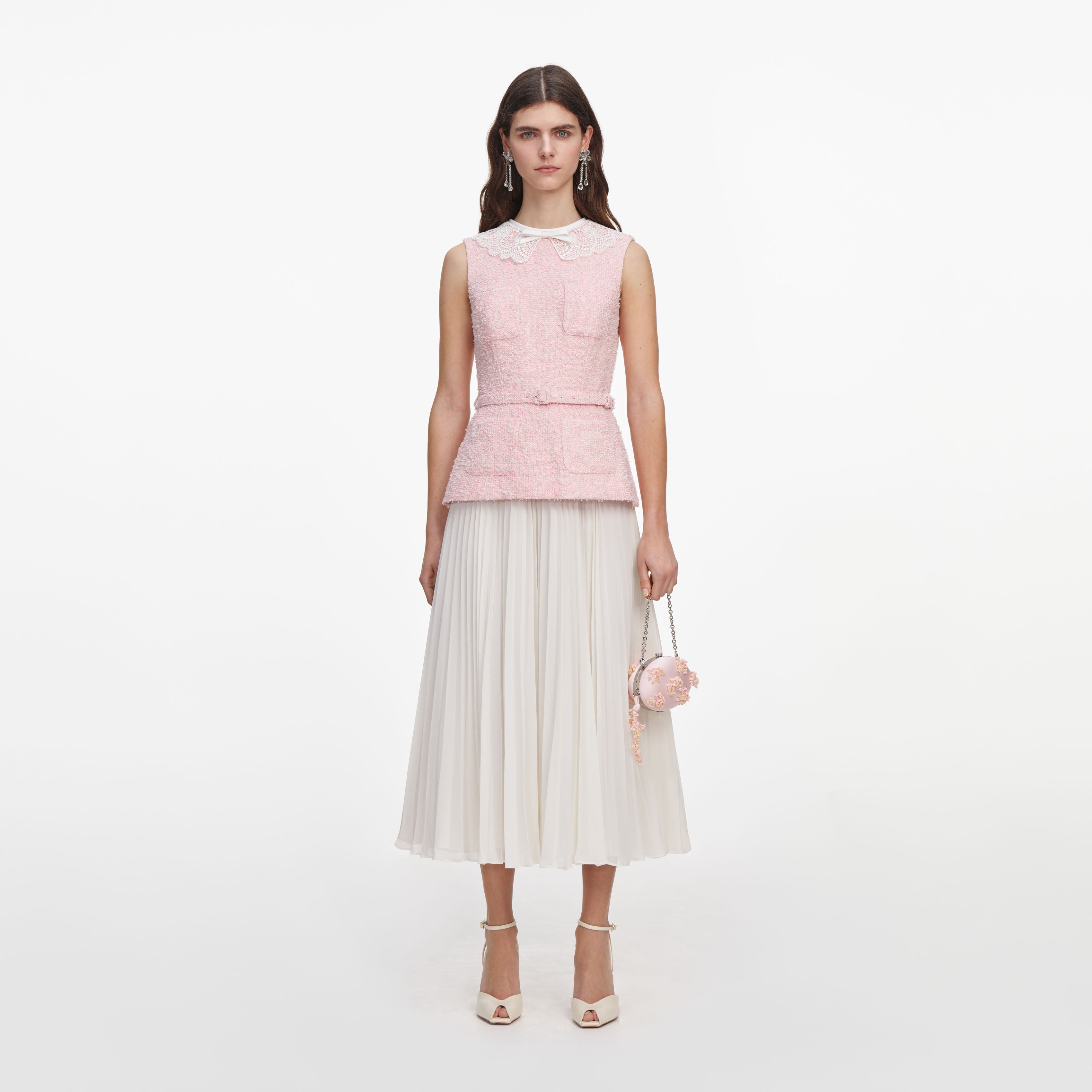 Self Portrait Pink Boucle Midi Kleid Rosa Spitze UK 6