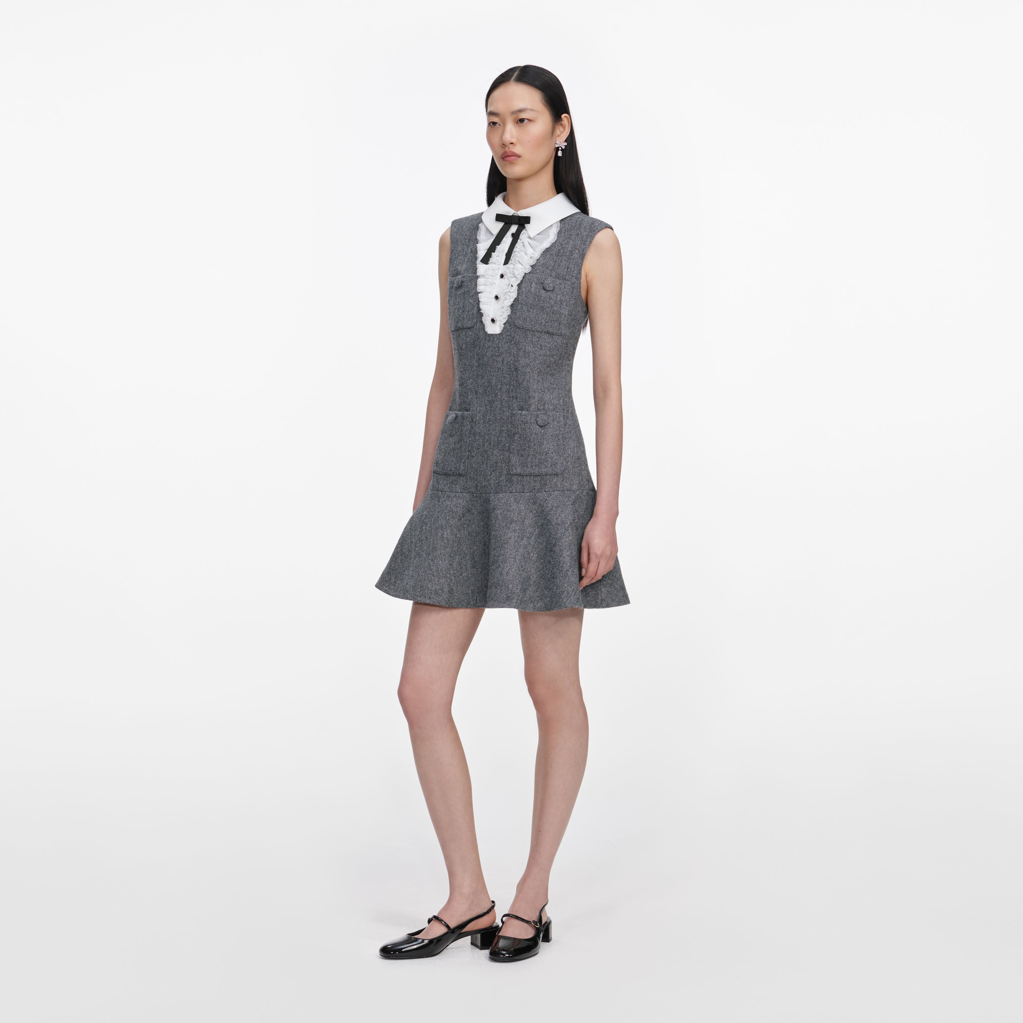 Self Portrait Grey Herringbone Lace Bib Mini Kleid Grau