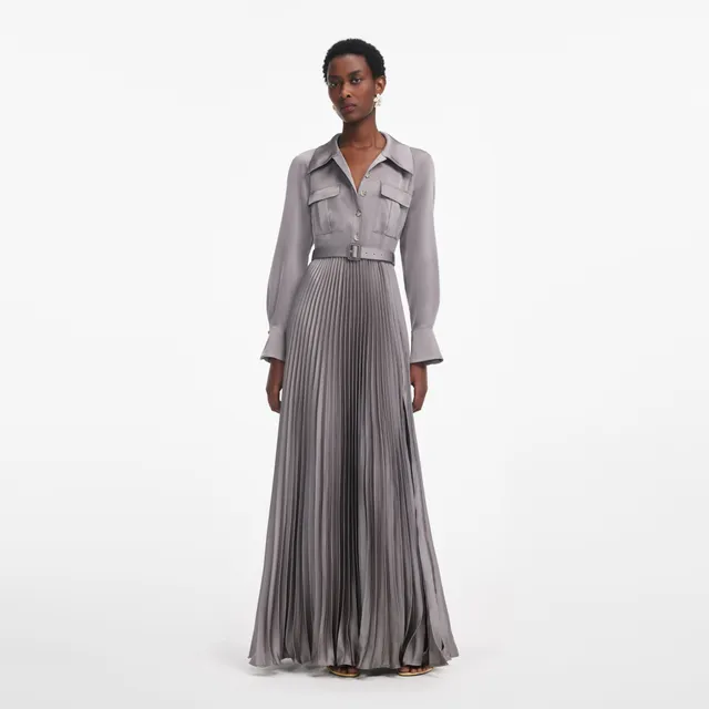 Self Portrait Grey Satin Pleated Maxi Kleid UK 8