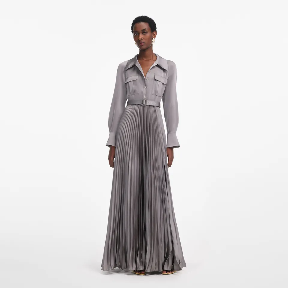 Self Portrait Grey Satin Pleated Maxi Kleid UK 8