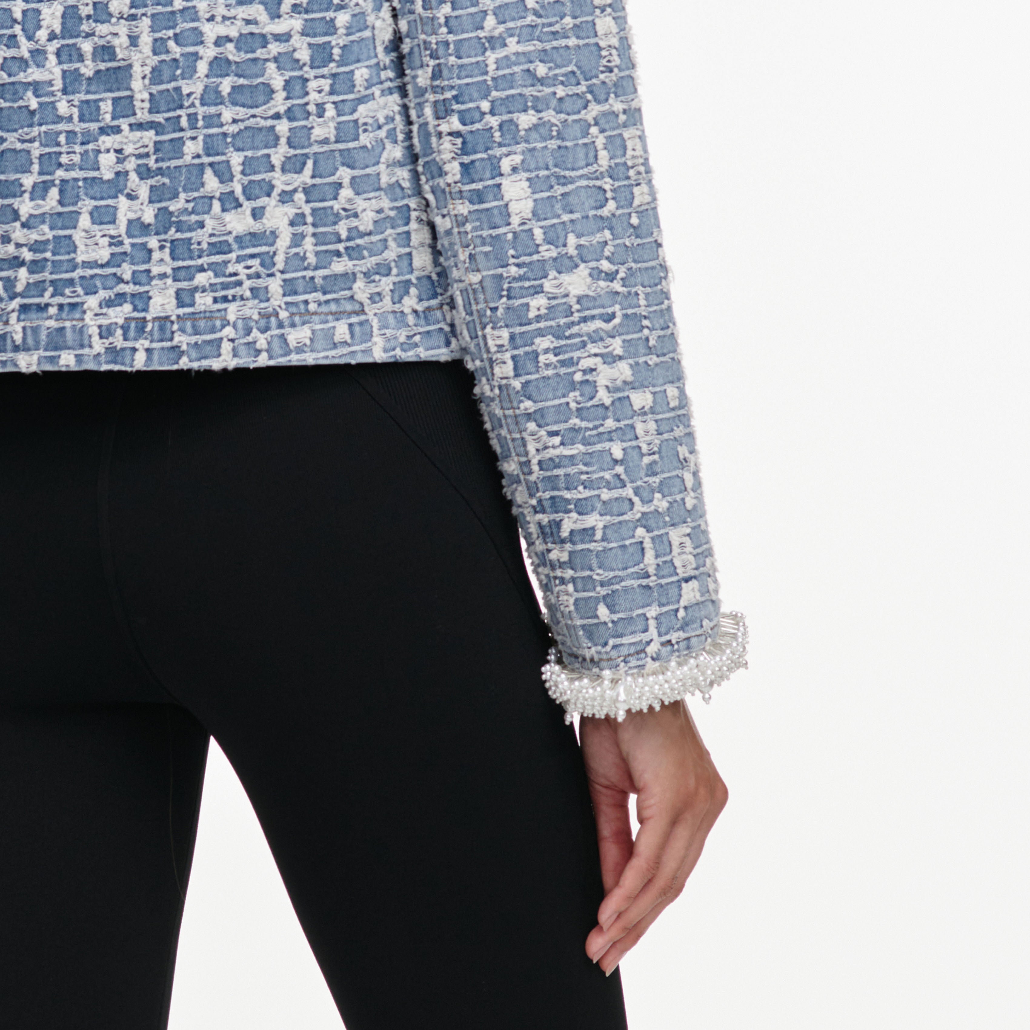 Self Portrait Blue Textured Denim Jacke Blau UK 8 Perlen