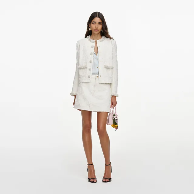 Self Portrait Creme Denim Jacke Perlen Relaxed Fit