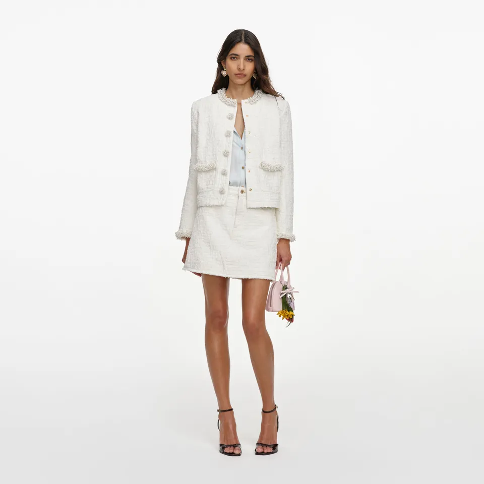 Self Portrait Creme Denim Jacke Perlen Relaxed Fit