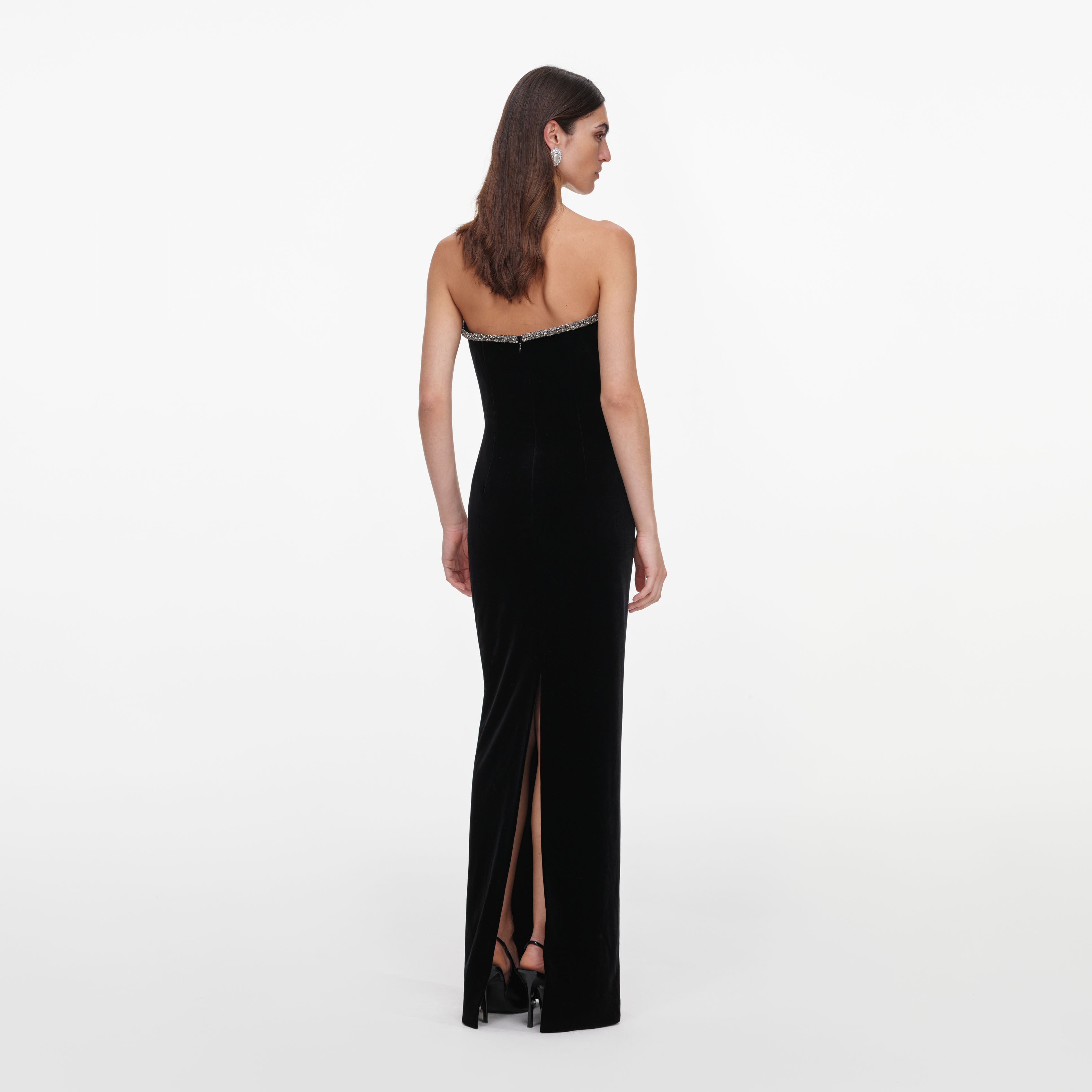 Self Portrait Black Velvet Maxi Kleid Samt Strass Schwarz