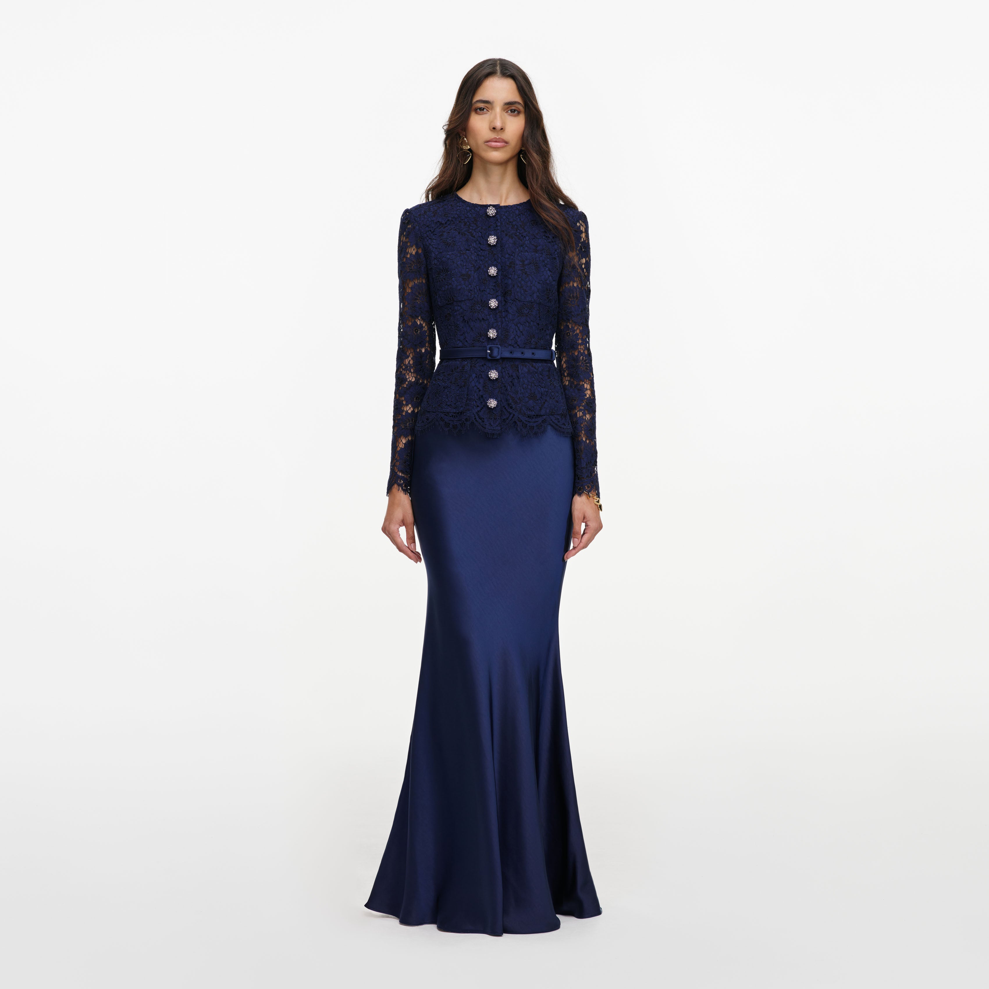 Self Portrait Navy Tailored Lace Satin Maxi Dress Kleid Blau