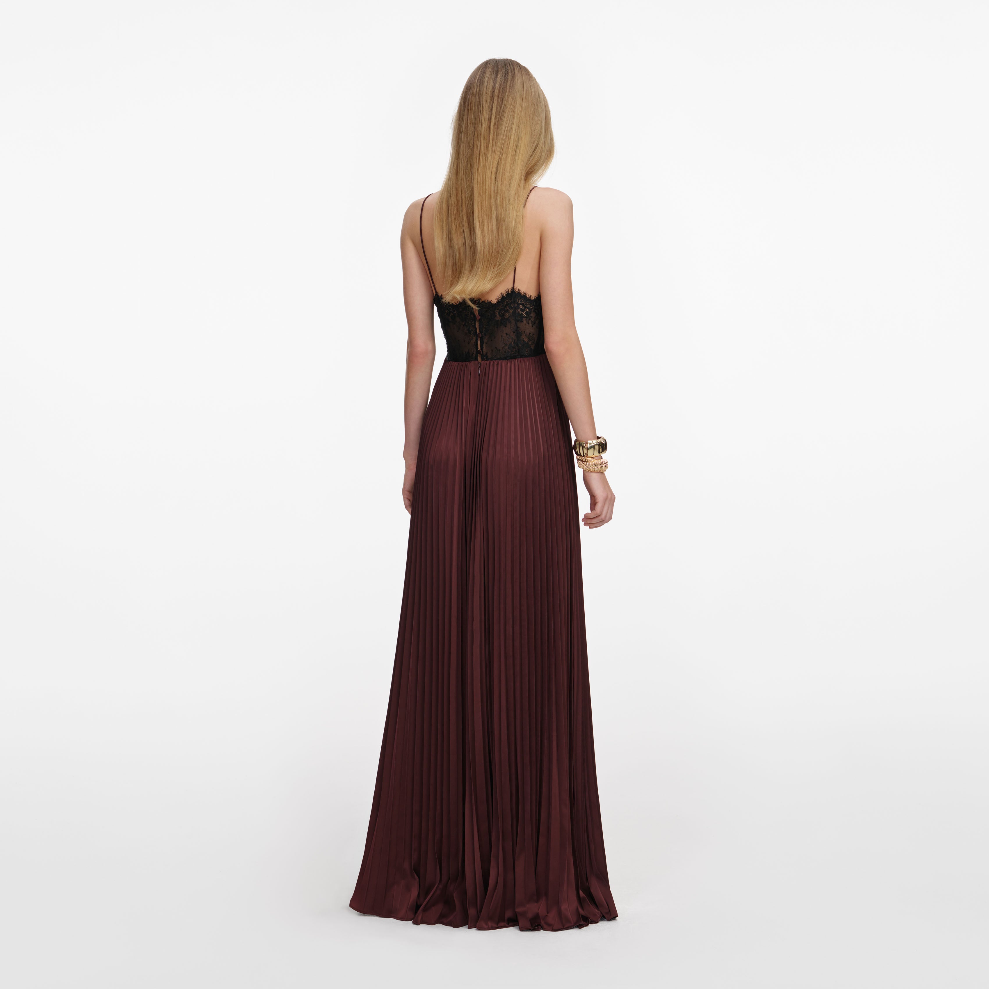 Self Portrait Brown Satin Lace Insert Maxi Kleid Braun