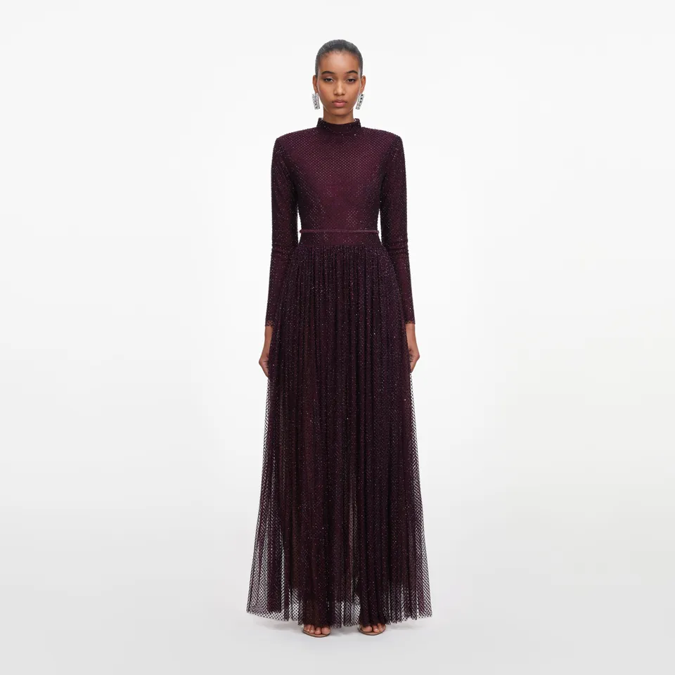 Self Portrait Strass Maxikleid Burgund Langarm Party