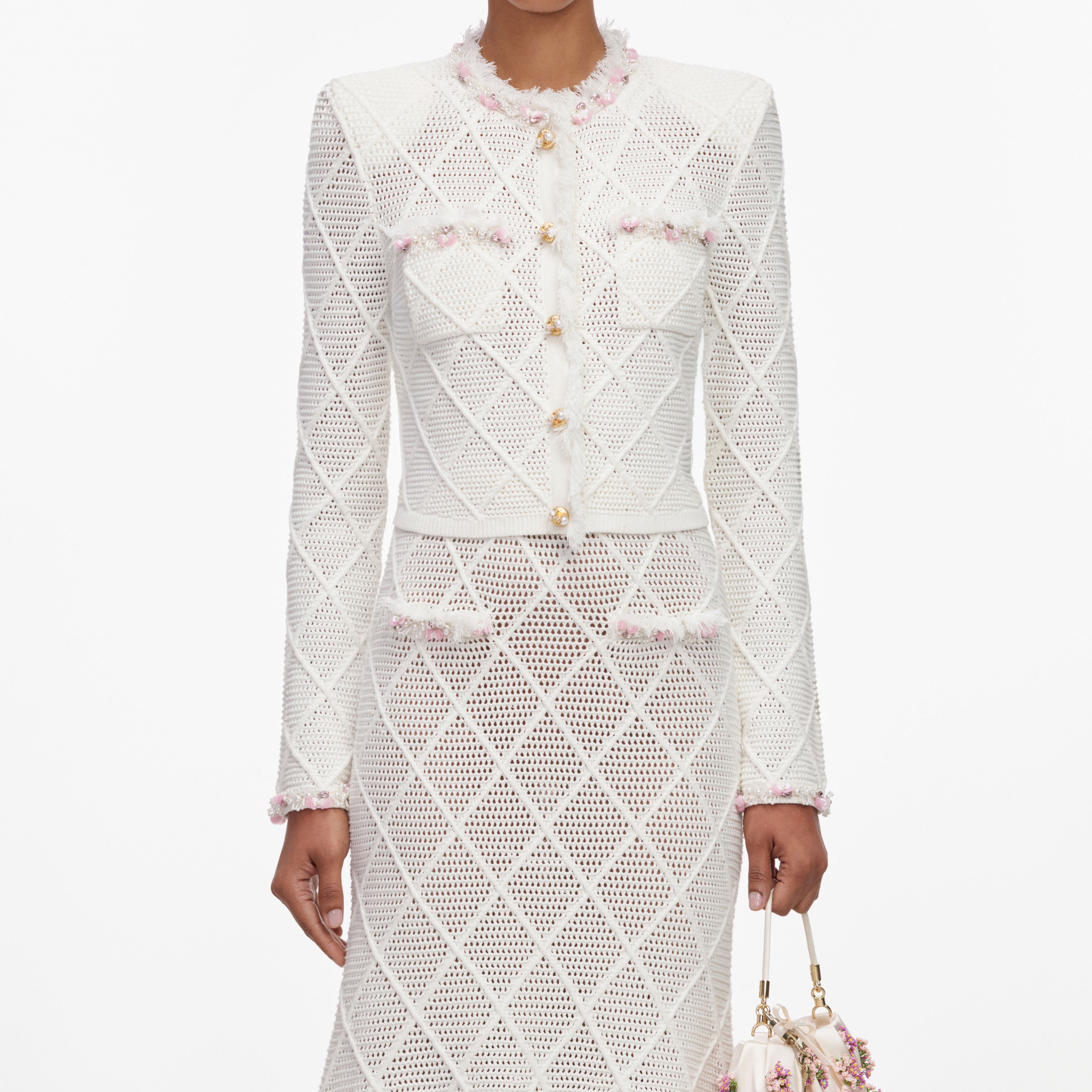 Self Portrait Fringe Knit Midi-Rock Creme Strick