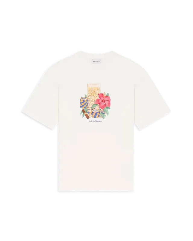 Drôle De Monsieur Hibiscus Club T-Shirt Off-White Baumwolle