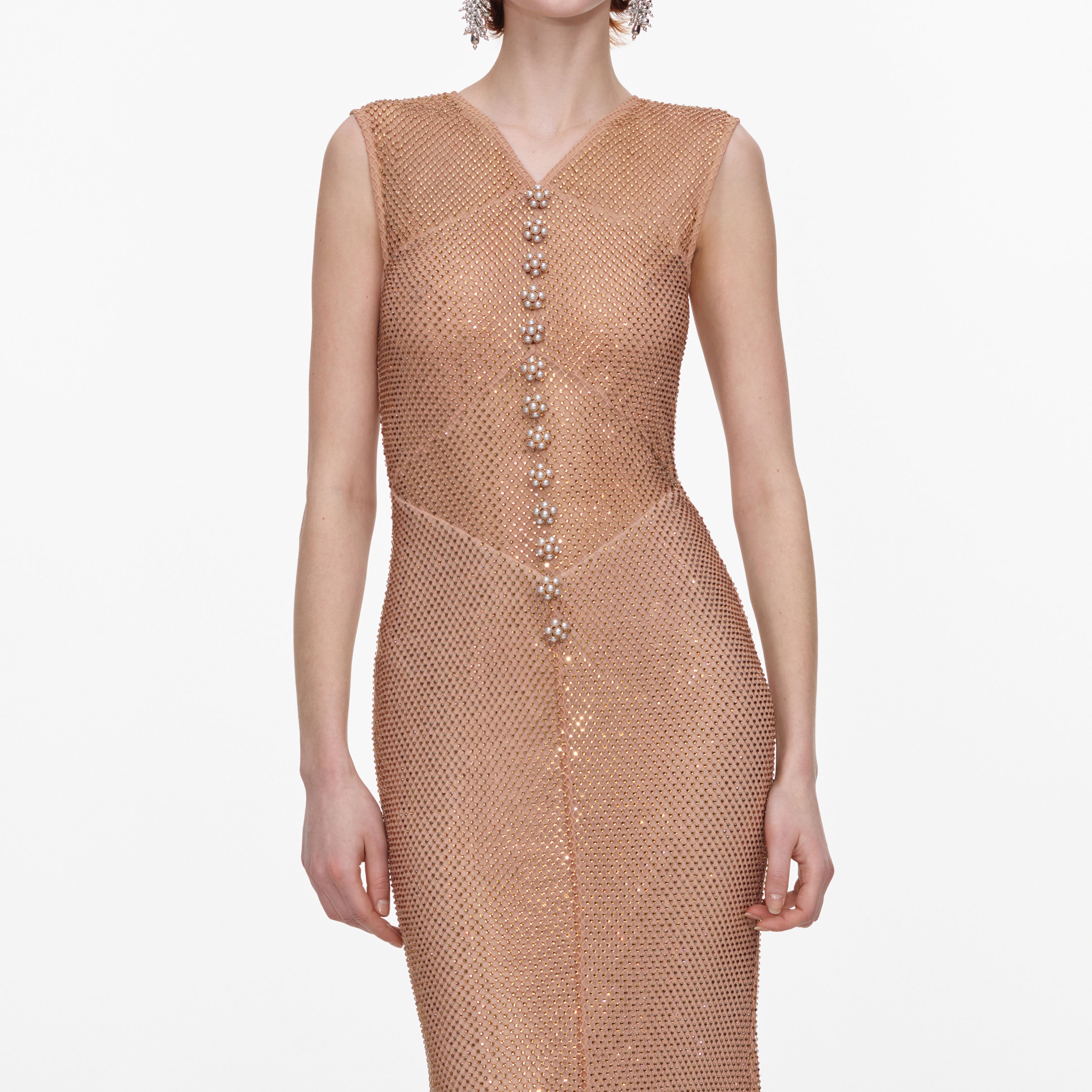 Self Portrait Fishnet Midikleid Champagne Strass