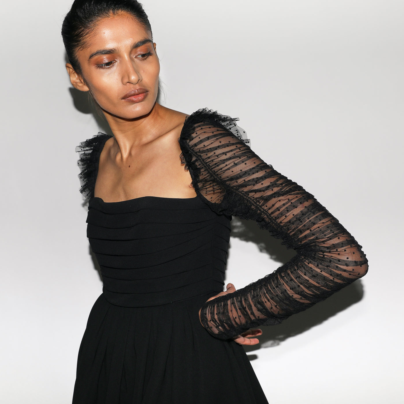 Self Portrait Crepe Dot Mesh Midi-Kleid Langarm