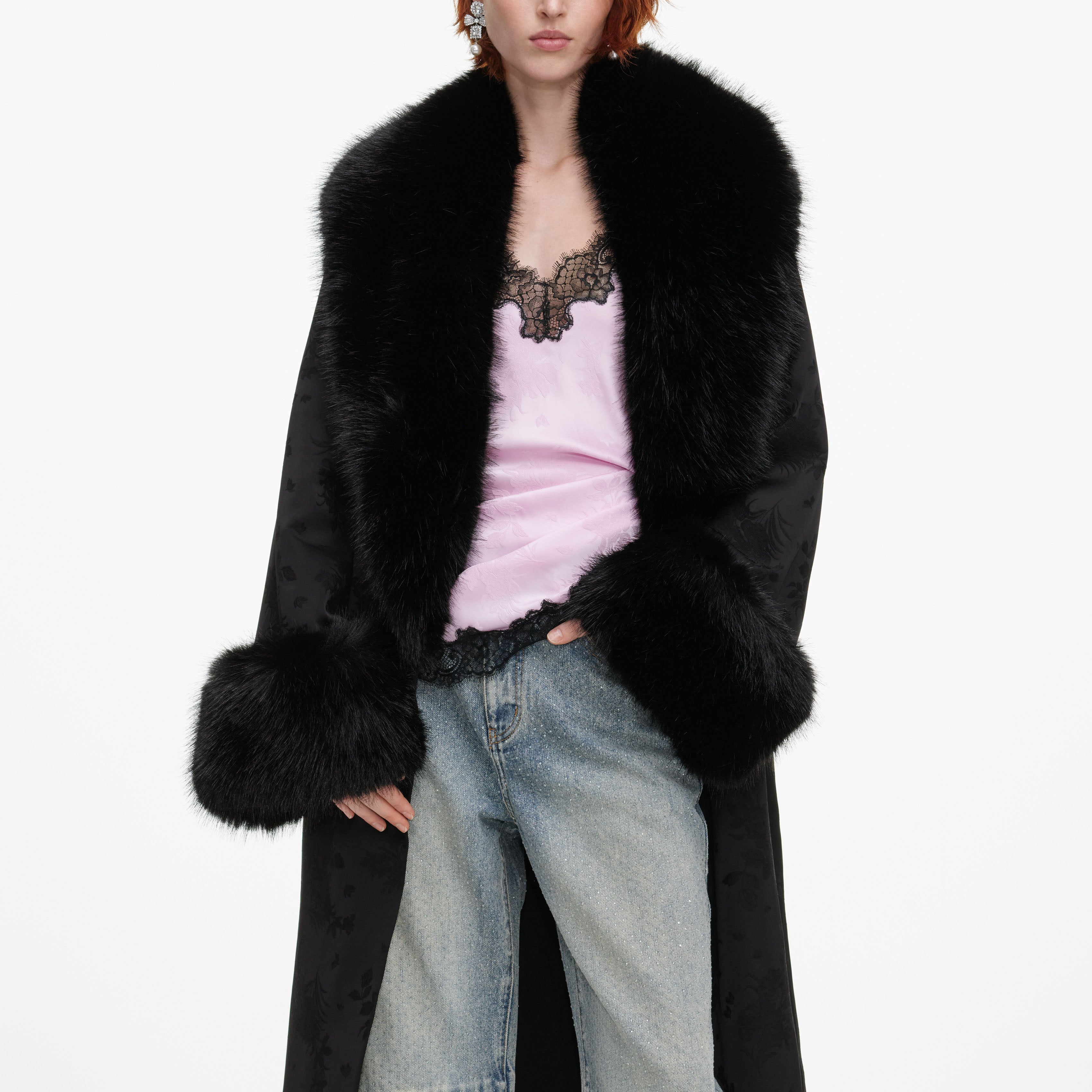 Self Portrait Jacquard Fur Collar Mantel Schwarz S