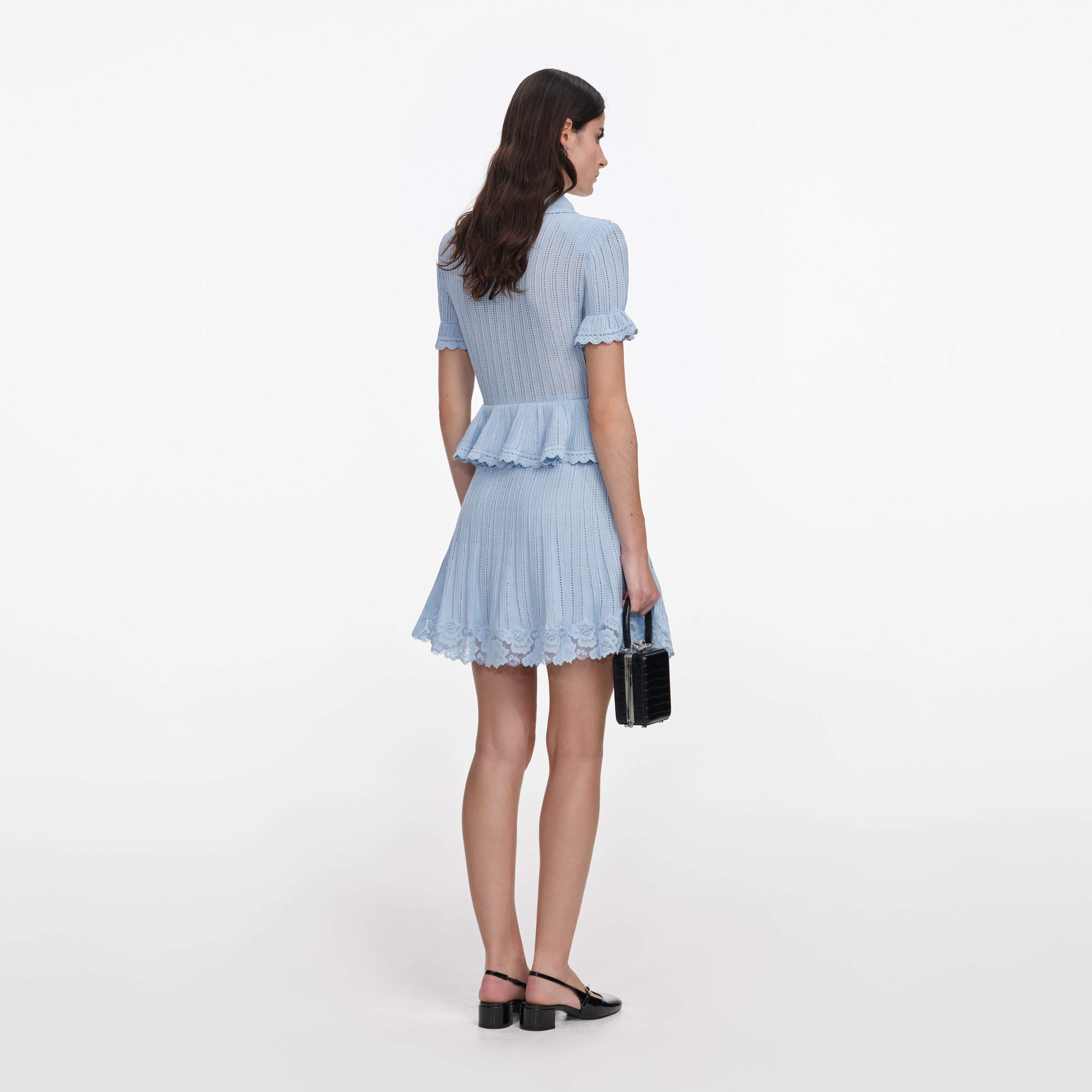 Self Portrait Blue Pointelle Peplum Knit Mini Kleid Blau Gr.S