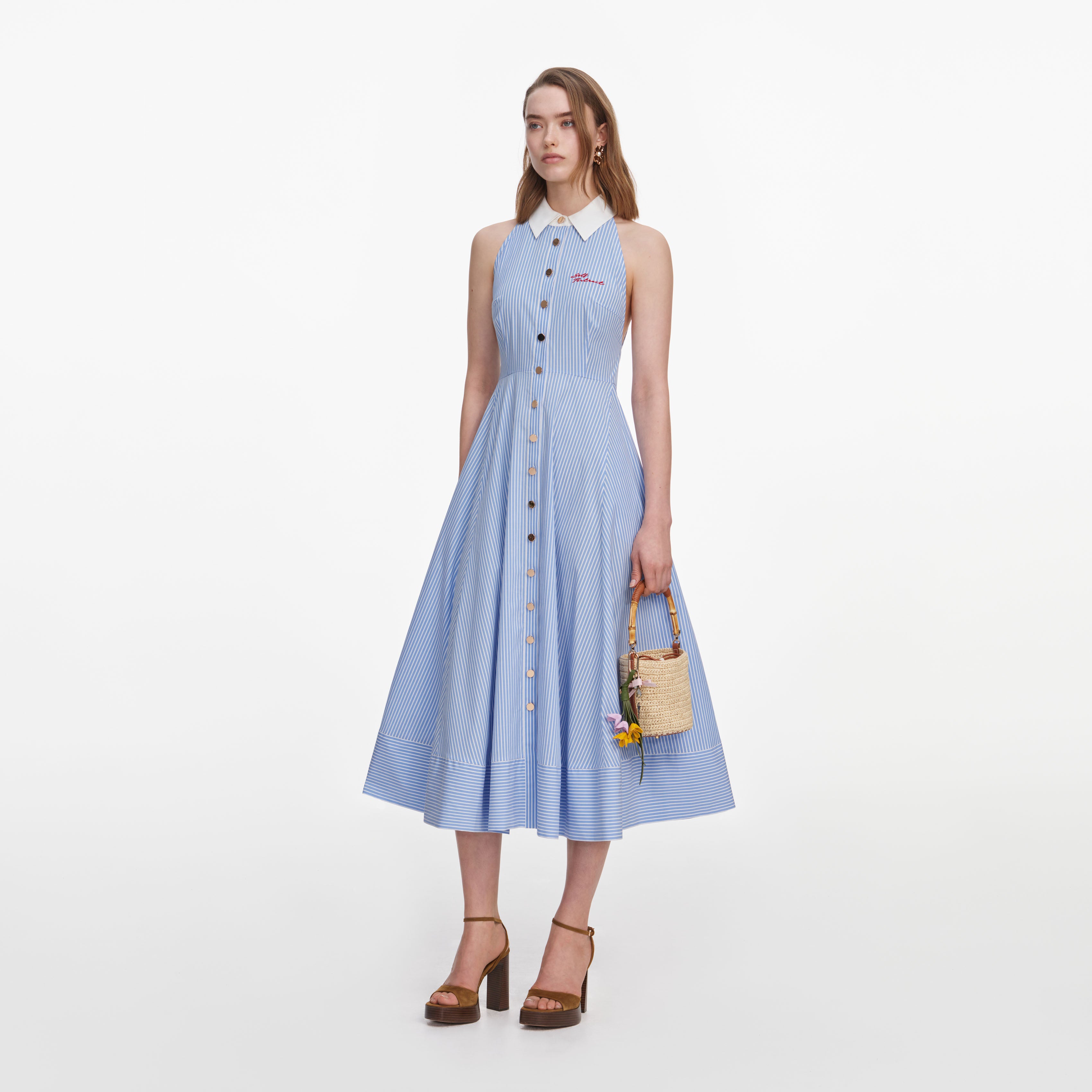 Self Portrait Blue Striped Cotton Midikleid Blau UK 10 Baumwolle