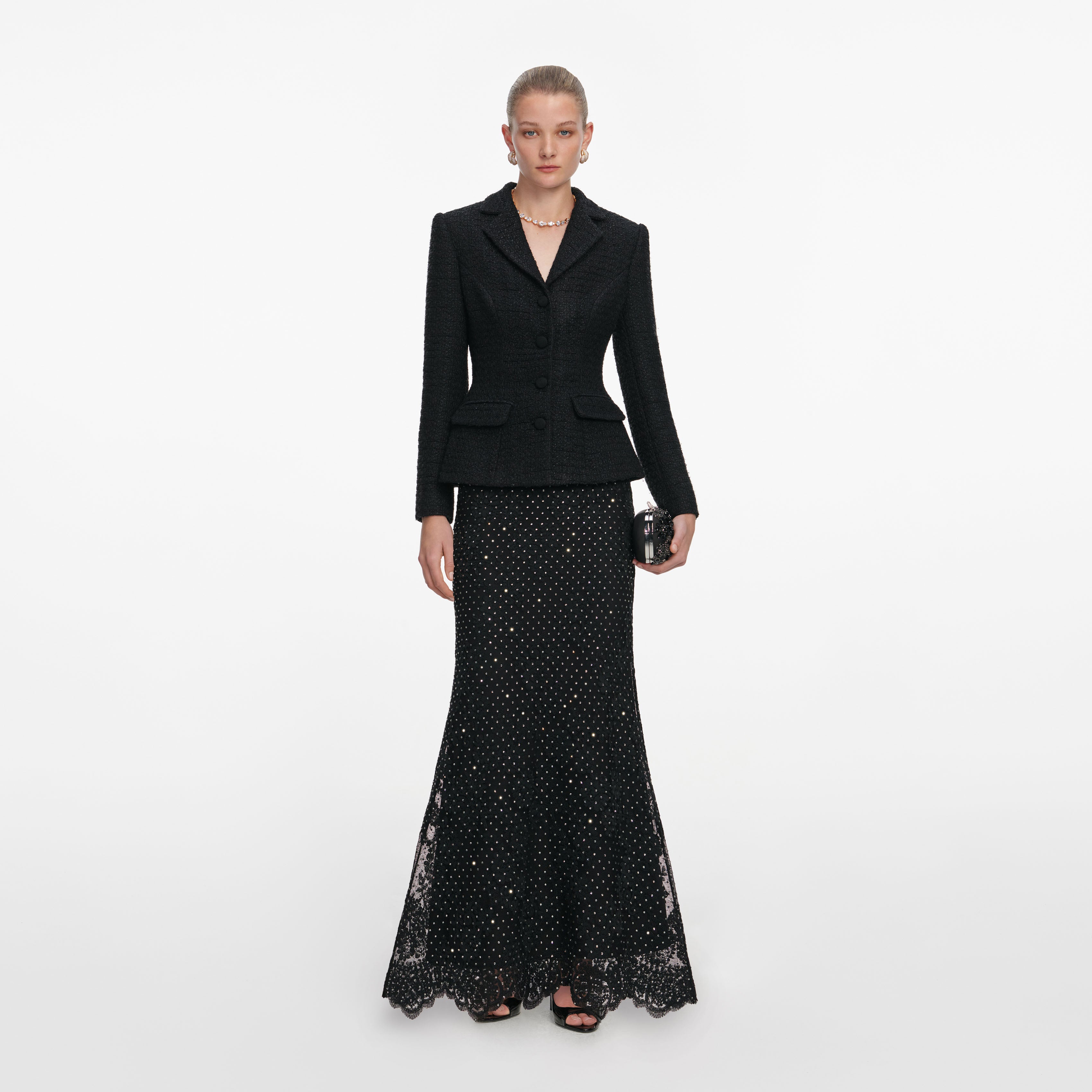 Self Portrait Black Boucle Rhinestone Maxi Kleid Schwarz