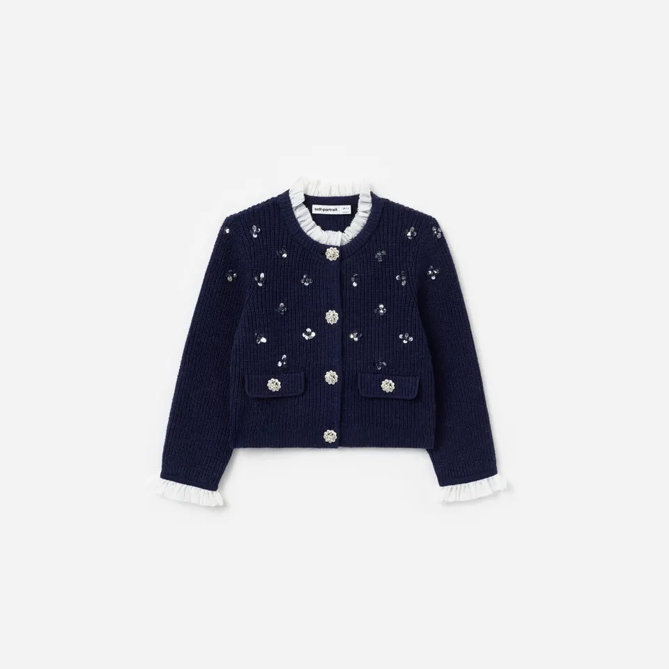 Self Portrait Knitwear Strickjacke Marine Bouclé Pailletten