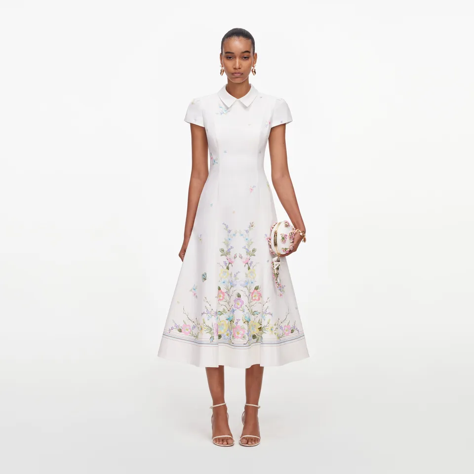 Self Portrait White Floral Leinen Midikleid Weiß