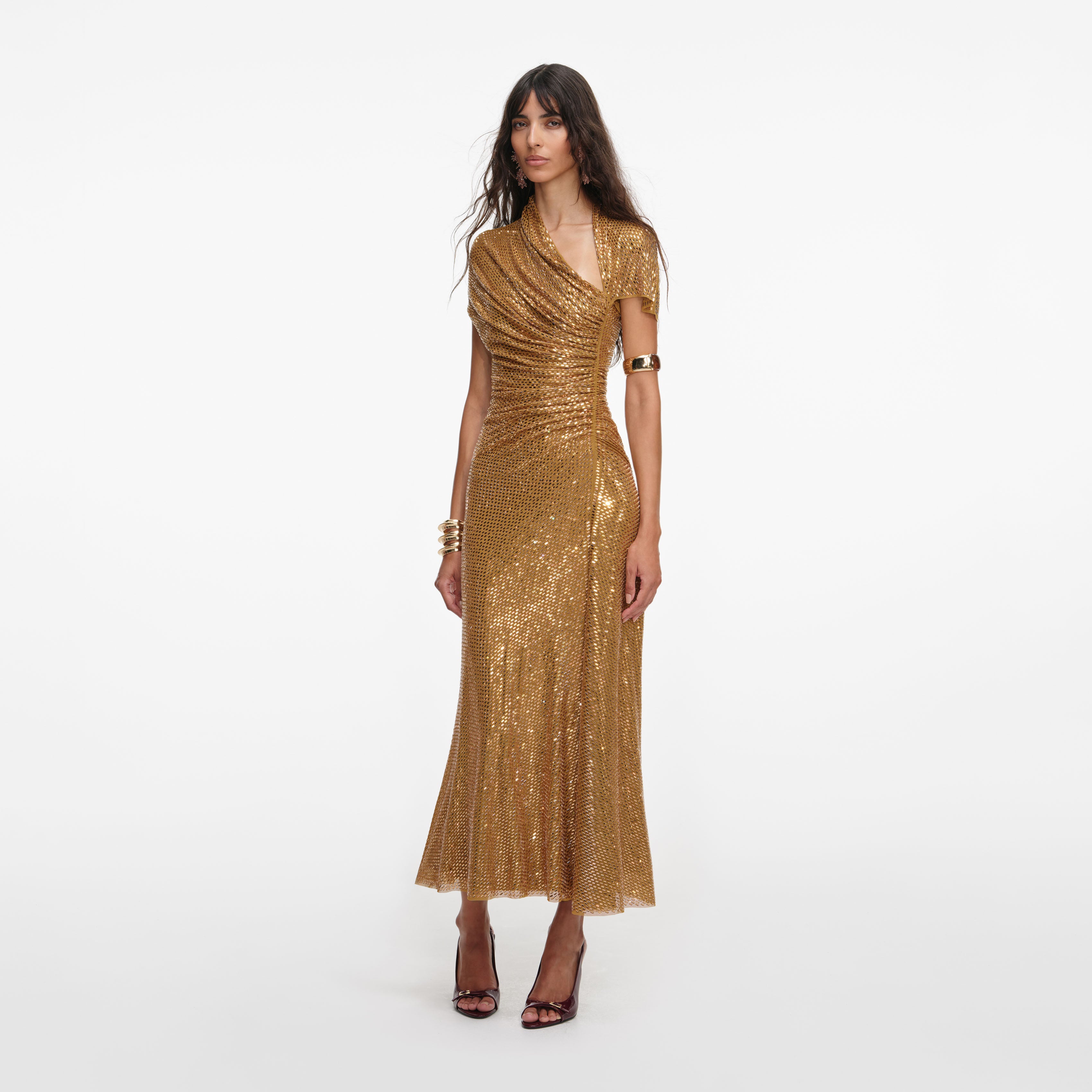 Self Portrait Gold Rhinestone Drape Midi Kleid Gold