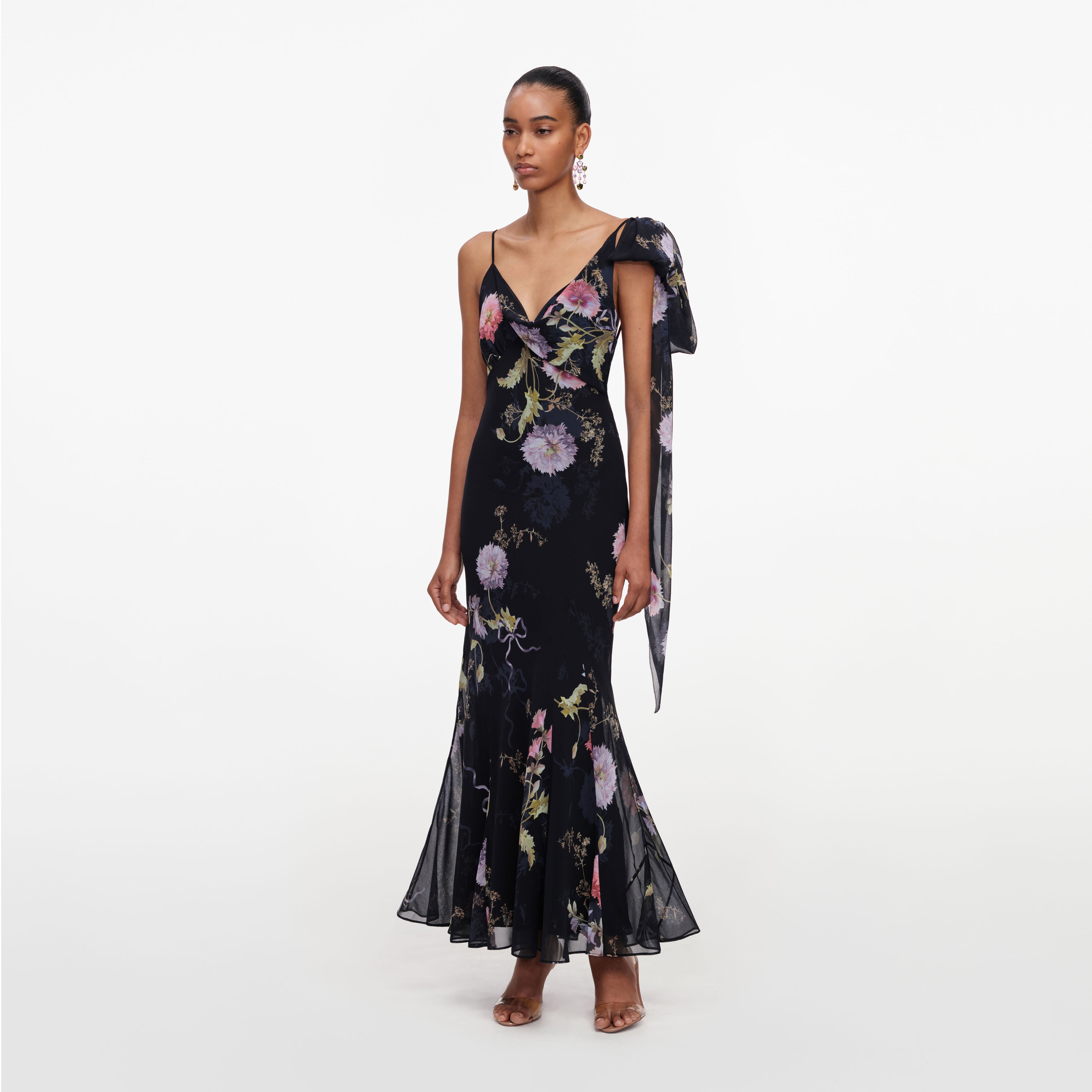Self Portrait Black Floral Georgette Maxi Kleid Schwarz